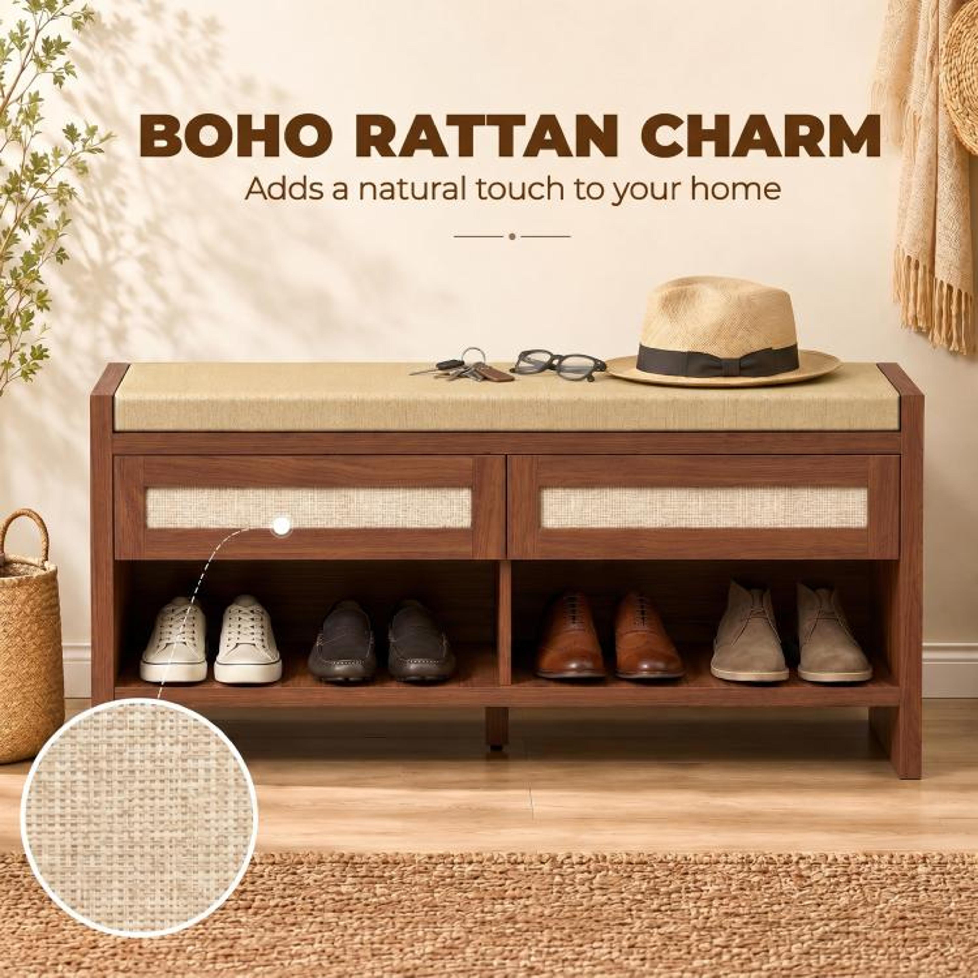 Shoe Storage Bench With Cushioned Seat And 2 Rattan Drawers  Brown 5