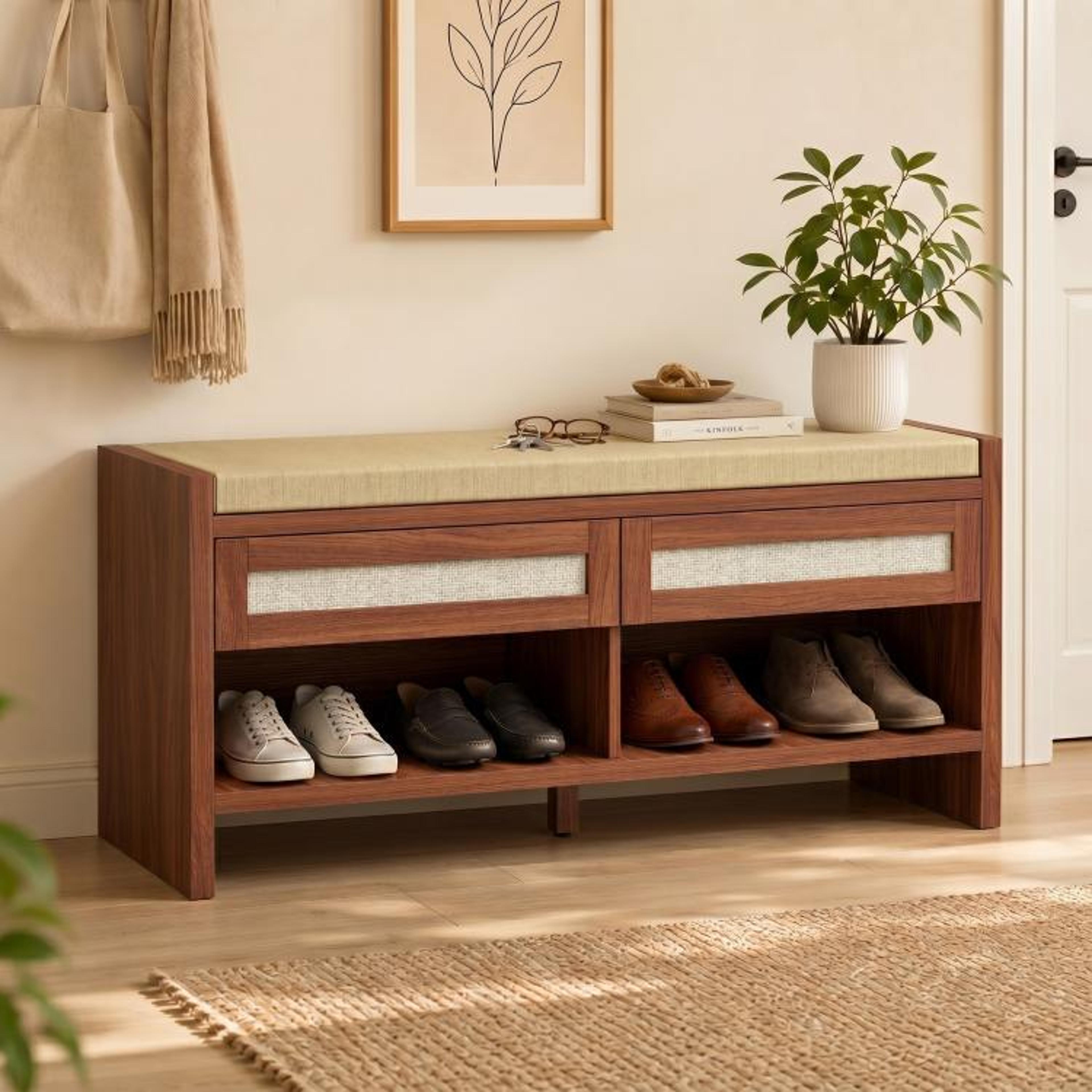 Shoe Storage Bench With Cushioned Seat And 2 Rattan Drawers  Brown 2
