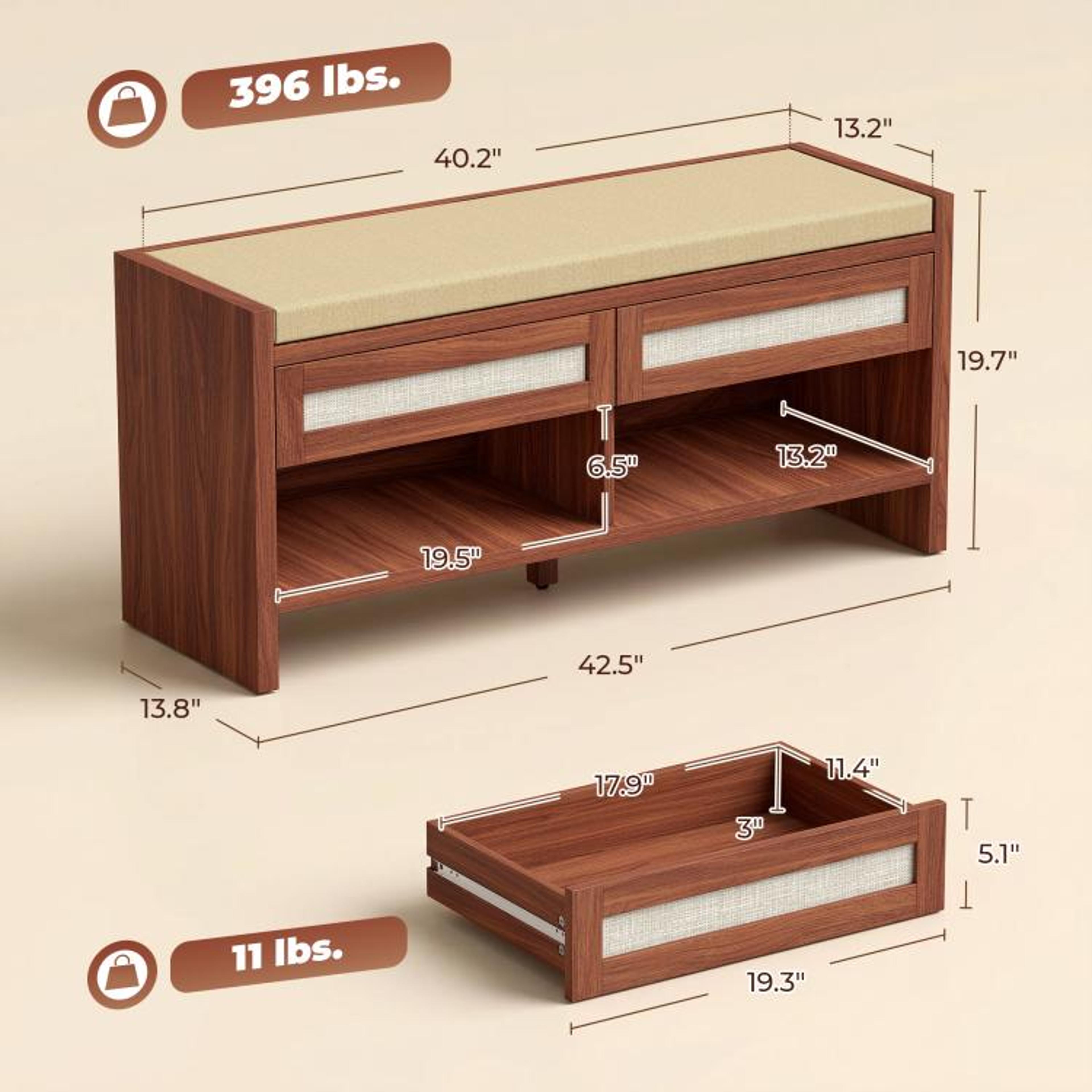 Shoe Storage Bench With Cushioned Seat And 2 Rattan Drawers  Brown 4