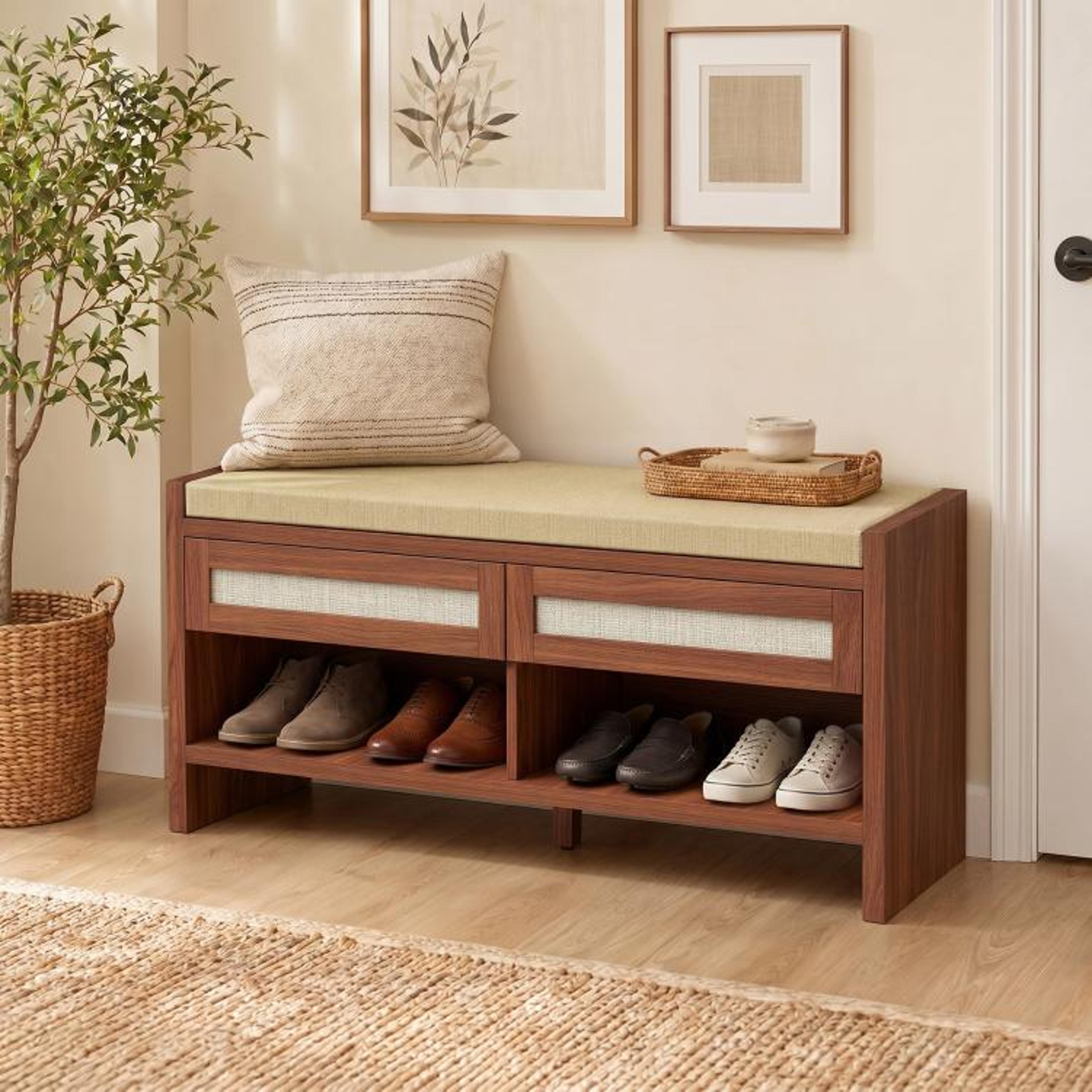Shoe Storage Bench With Cushioned Seat And 2 Rattan Drawers  Brown 3