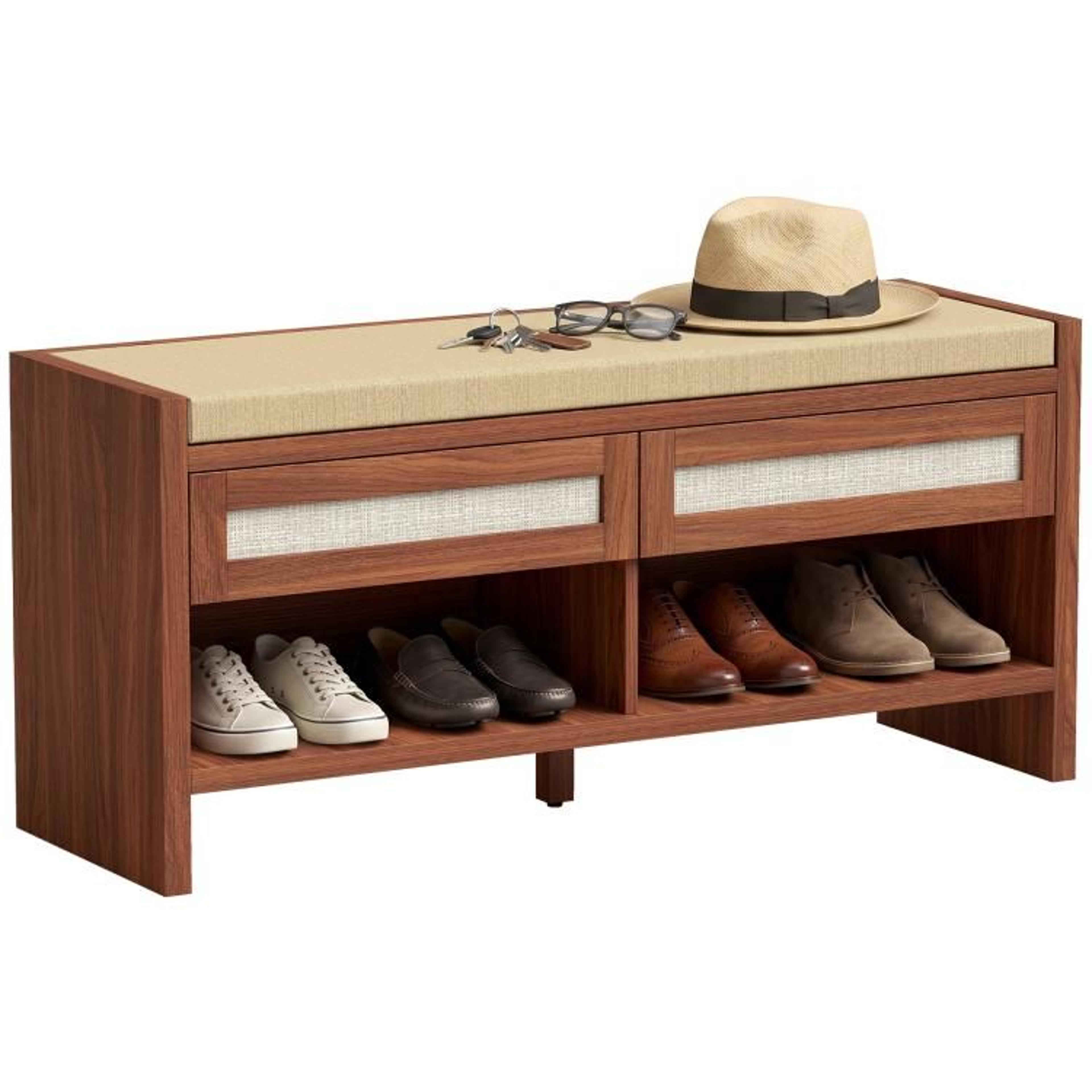 Shoe Storage Bench With Cushioned Seat And 2 Rattan Drawers  Brown 1