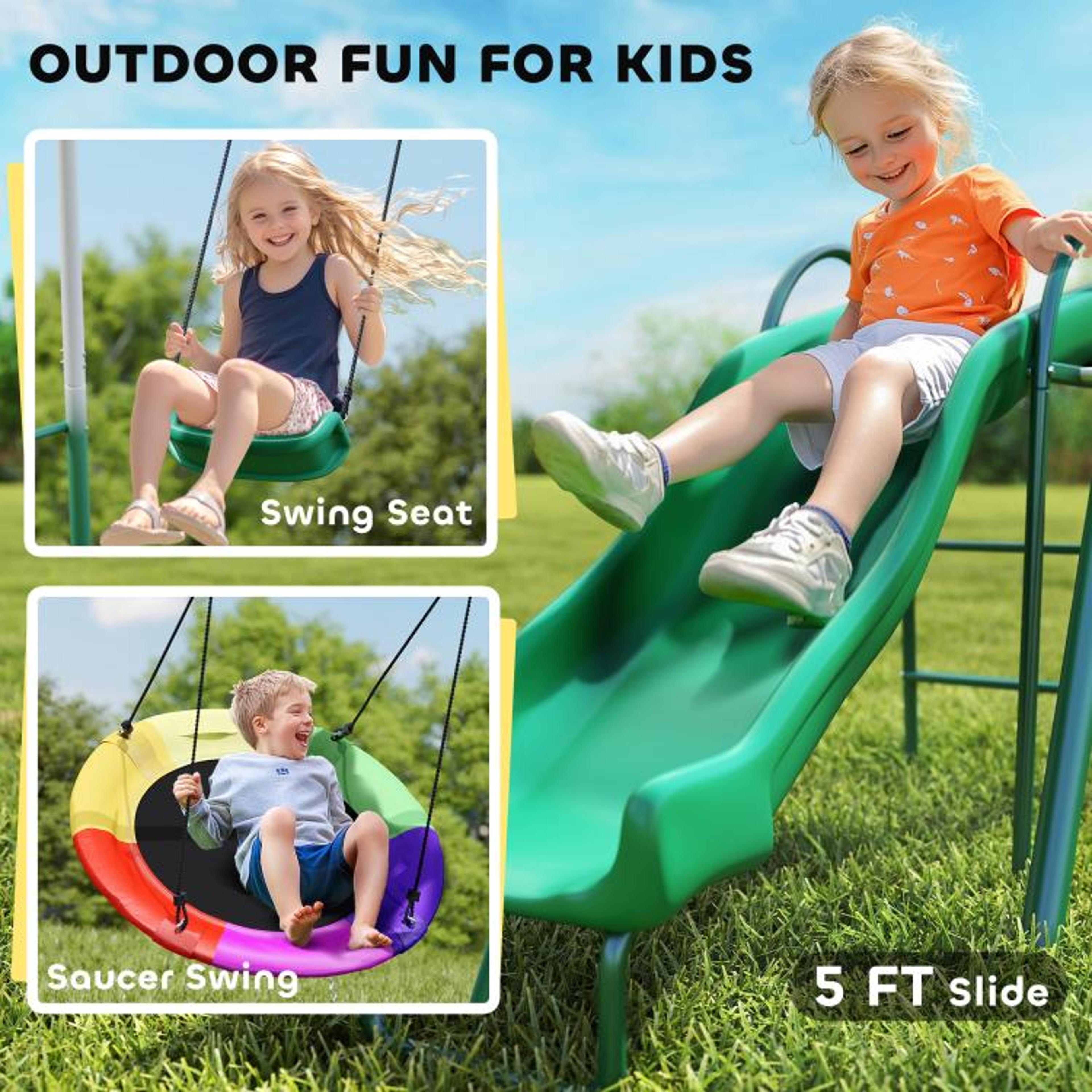 Metal Swing Set With Slide And Saucer Swing For Kids  Heavy Duty AFrame 6