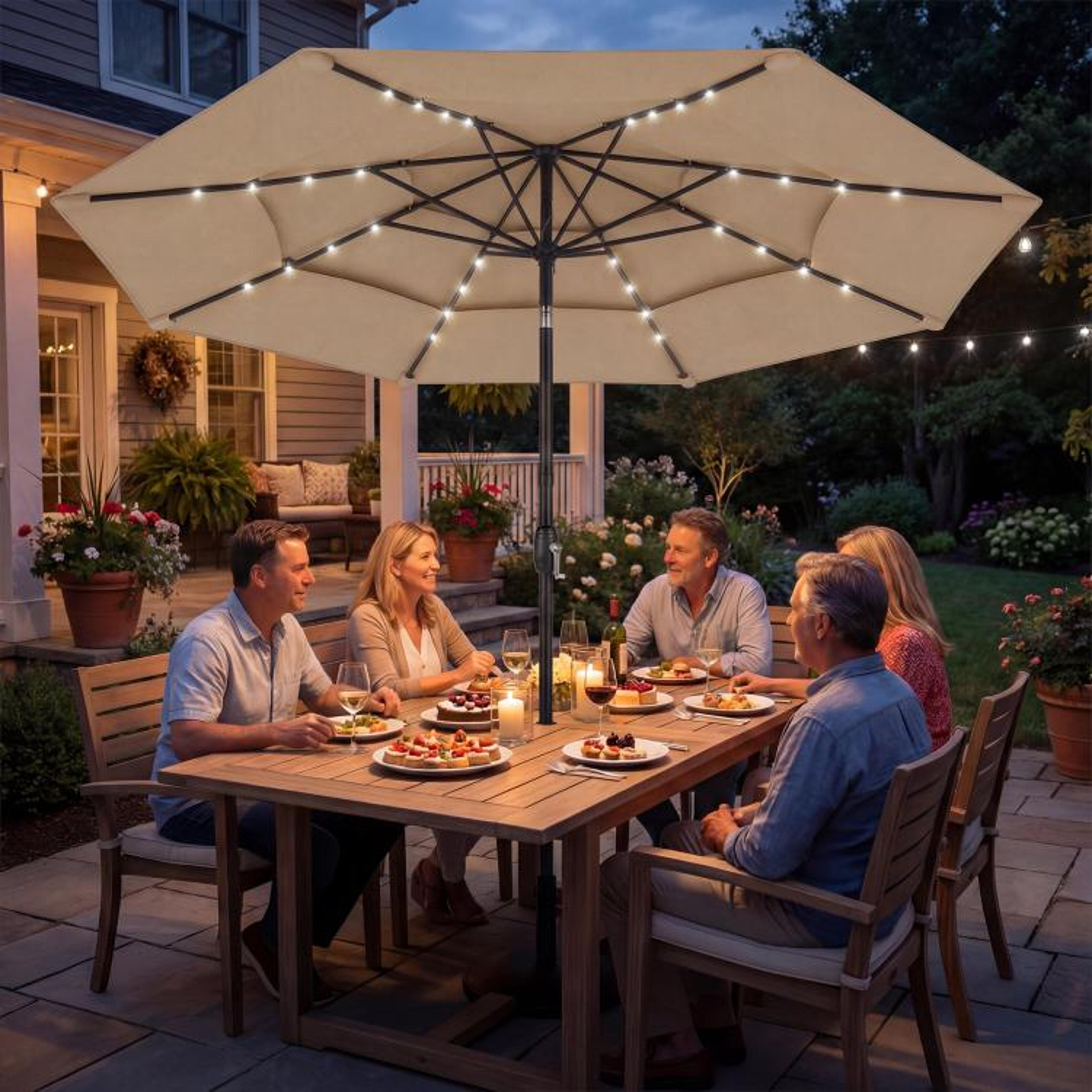 97 Ft Outdoor Patio Umbrella With Solar LED Lights And 3Tier Canopy  Khaki 5