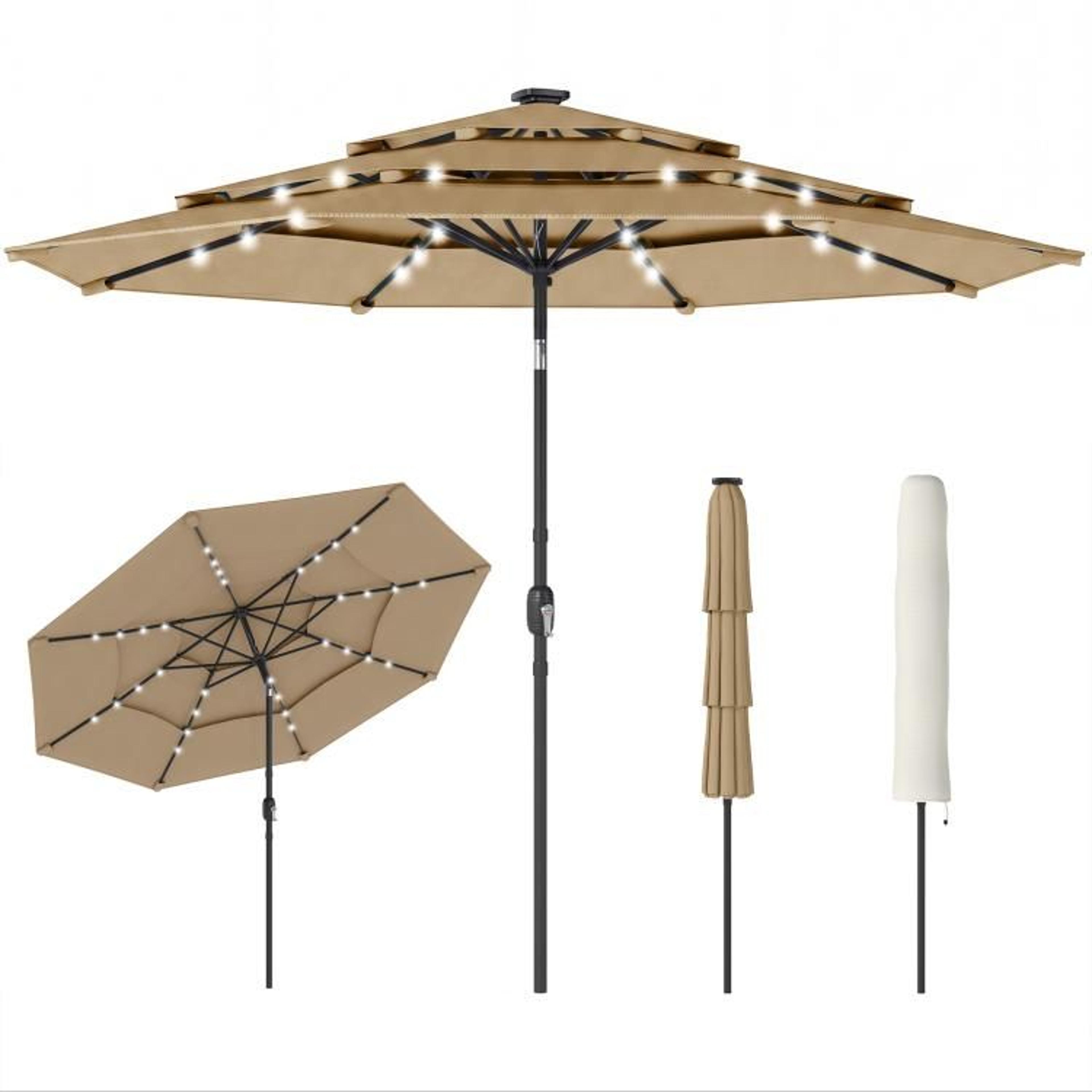 9.7 ft outdoor patio umbrella with solar led lights and 3-tier canopy  khaki