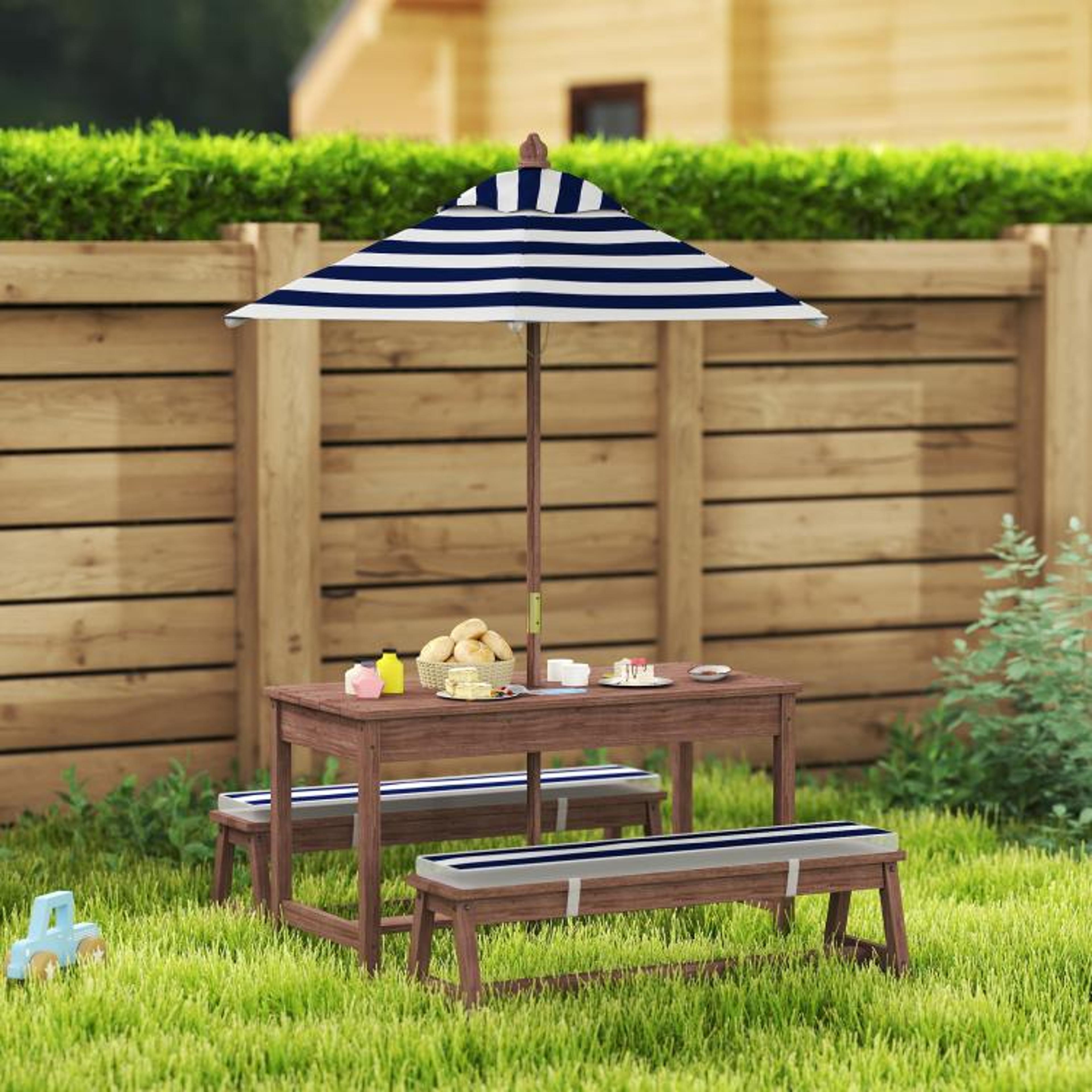 Kids Outdoor Wooden Picnic Table With Cushioned Benches And Umbrella  Navy Blue 2