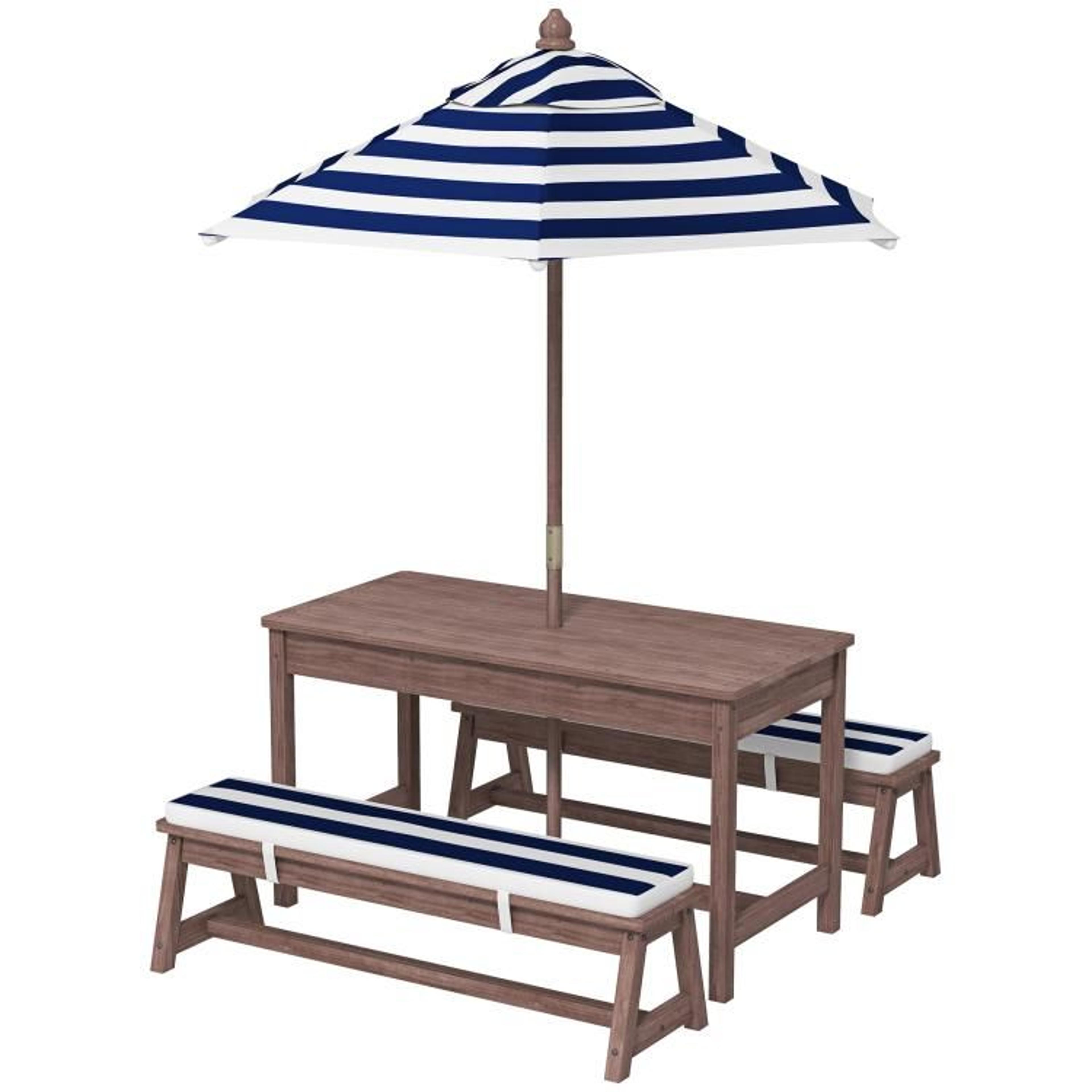 Kids Outdoor Wooden Picnic Table With Cushioned Benches And Umbrella  Navy Blue 1