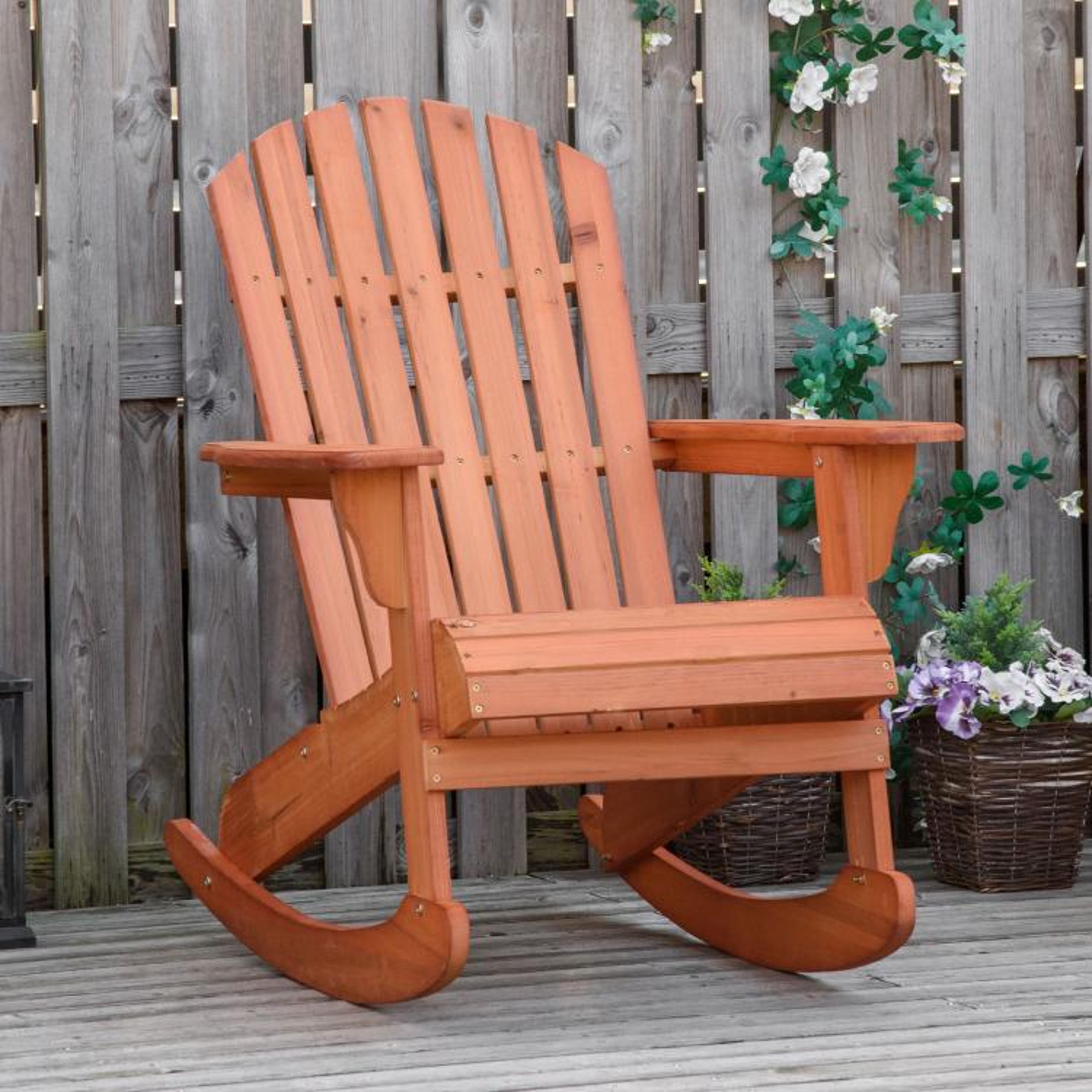 Wooden Adirondack Rocking Chair With Fanned Back And Wide Armrests 2