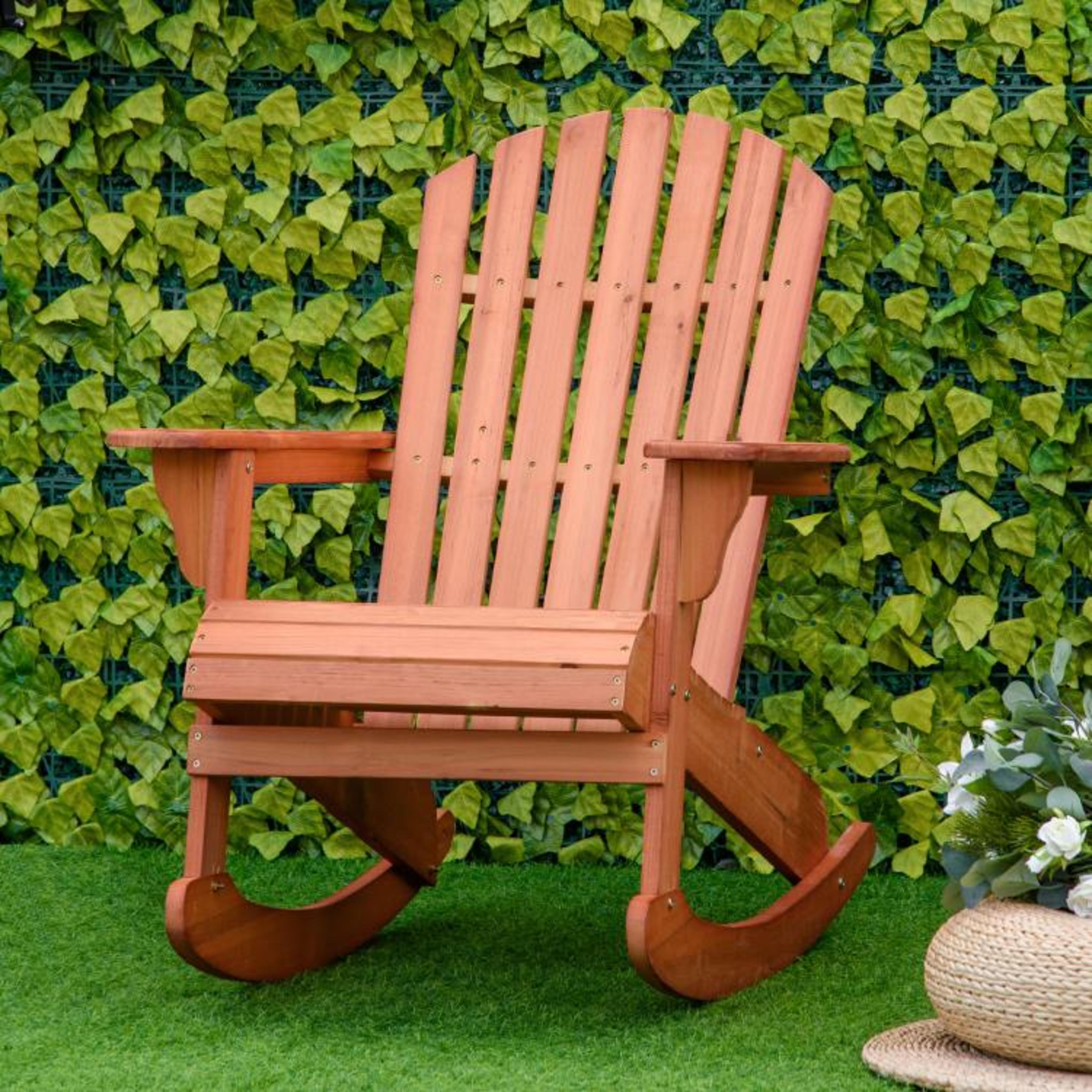 Wooden Adirondack Rocking Chair With Fanned Back And Wide Armrests 3