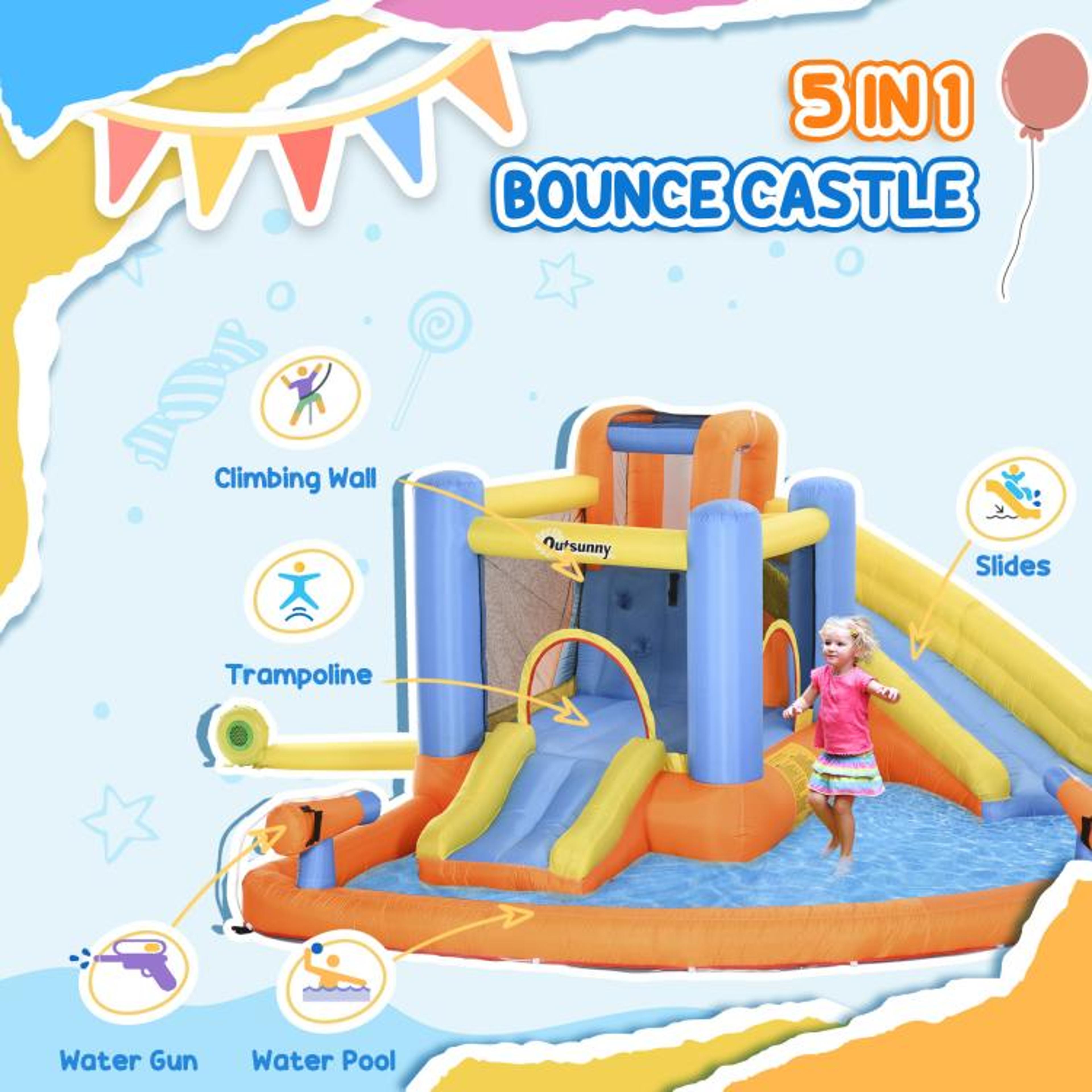 5in1 Kids Inflatable Bounce House With Water Slide Pool And Water Guns 5