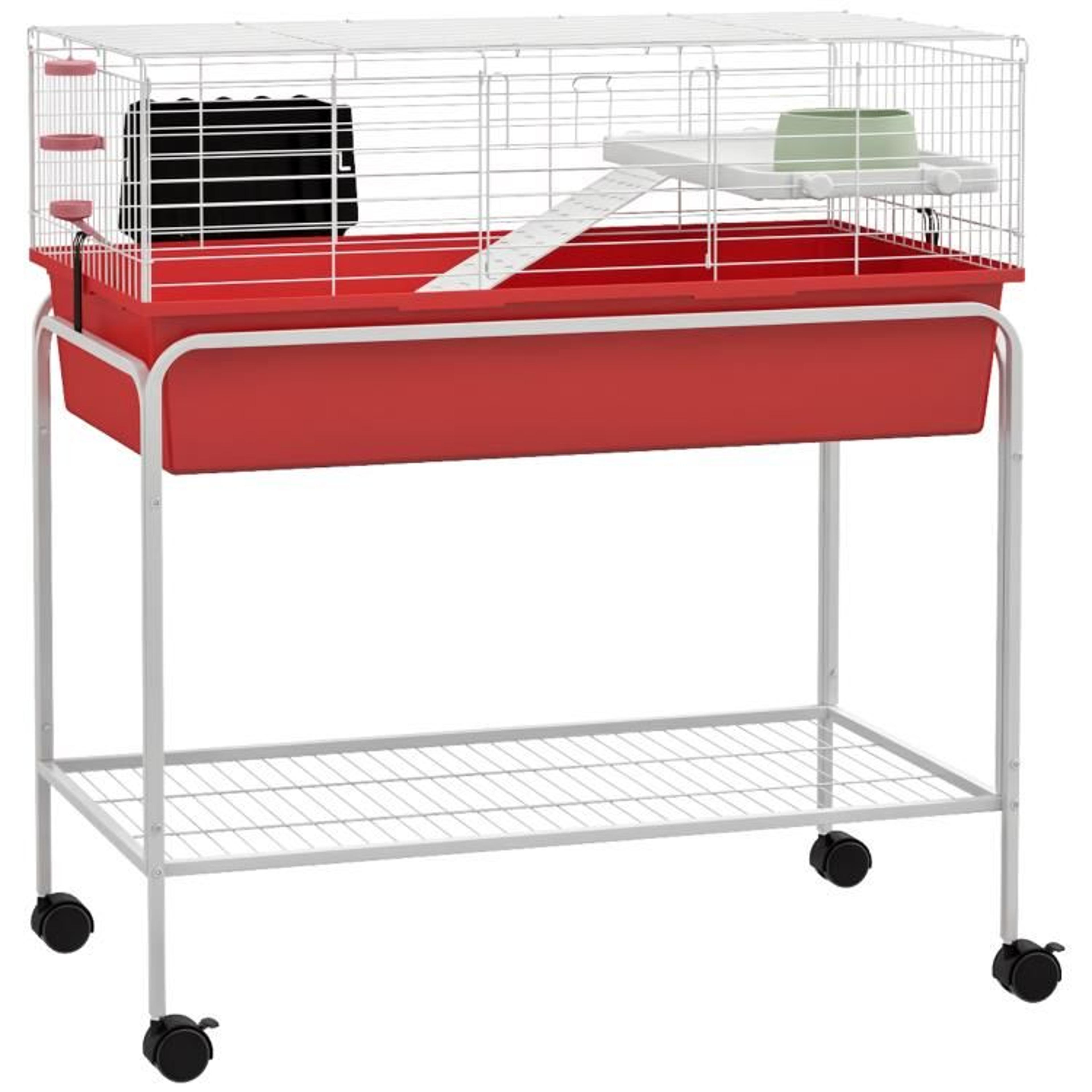 two-story small animal cage with removable stand wheels and storage shelf