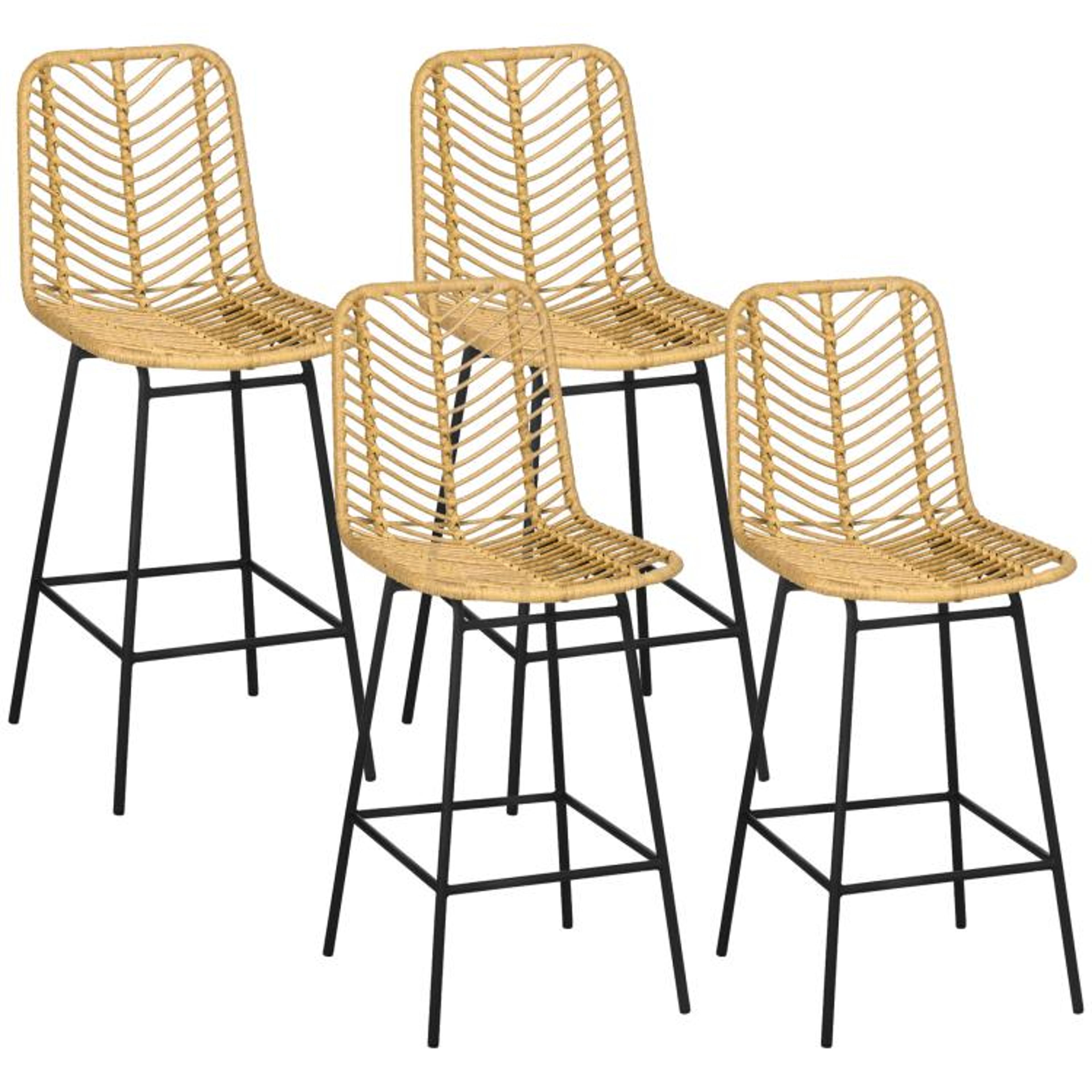 set of 4 rattan counter height bar stools with steel legs and footrests  yellow