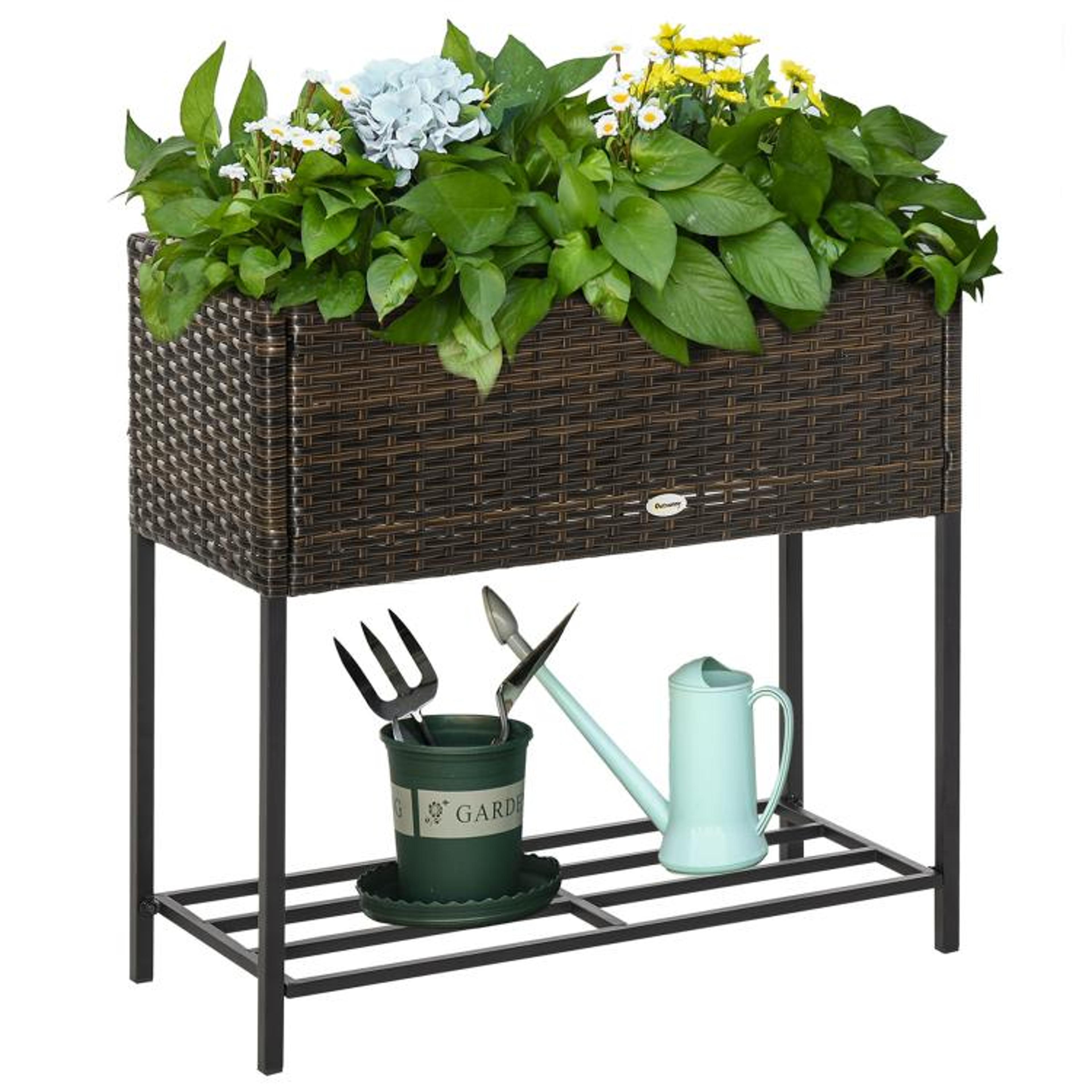 raised garden bed with rattan wicker look and storage shelf  brown