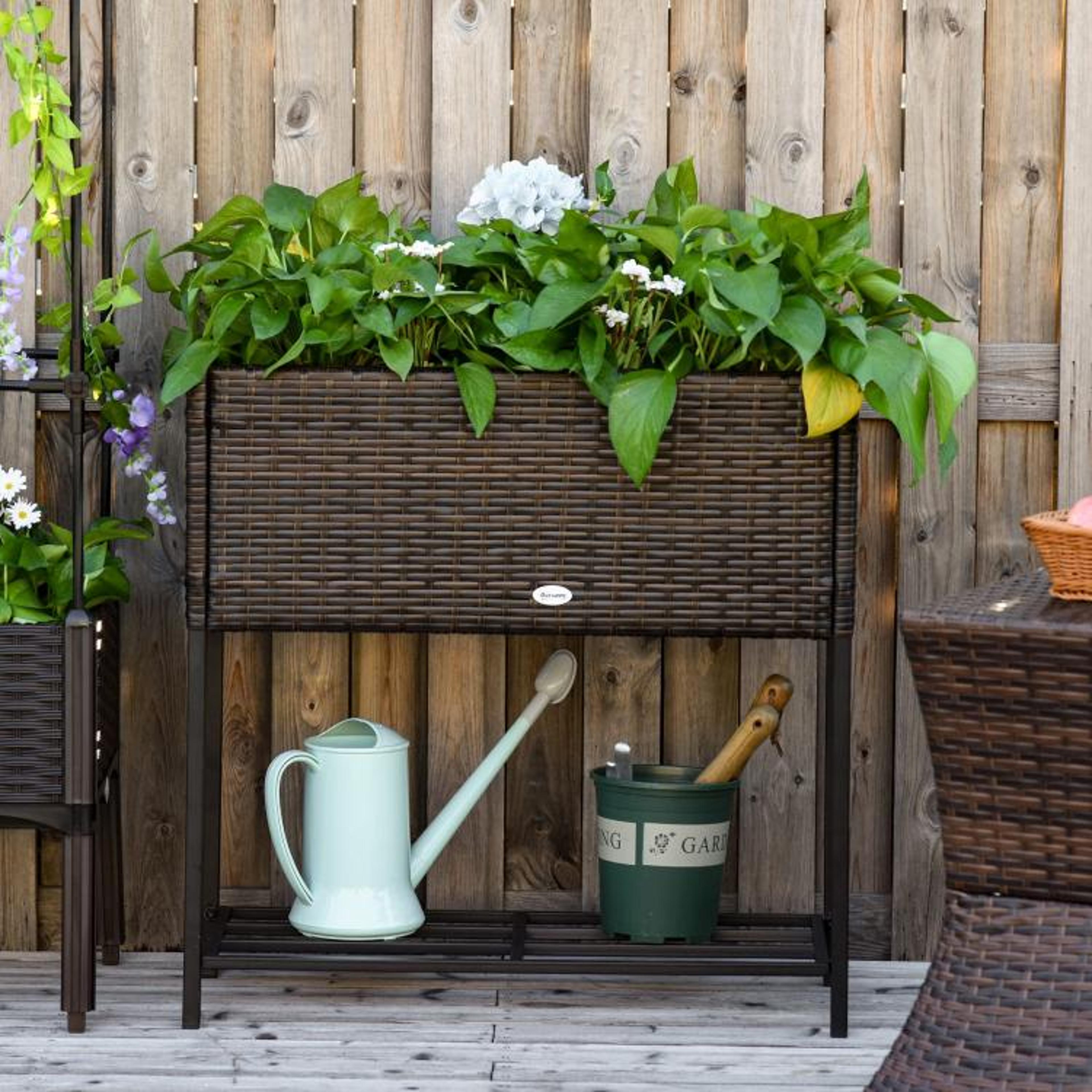 Raised Garden Bed With Rattan Wicker Look And Storage Shelf  Brown 2