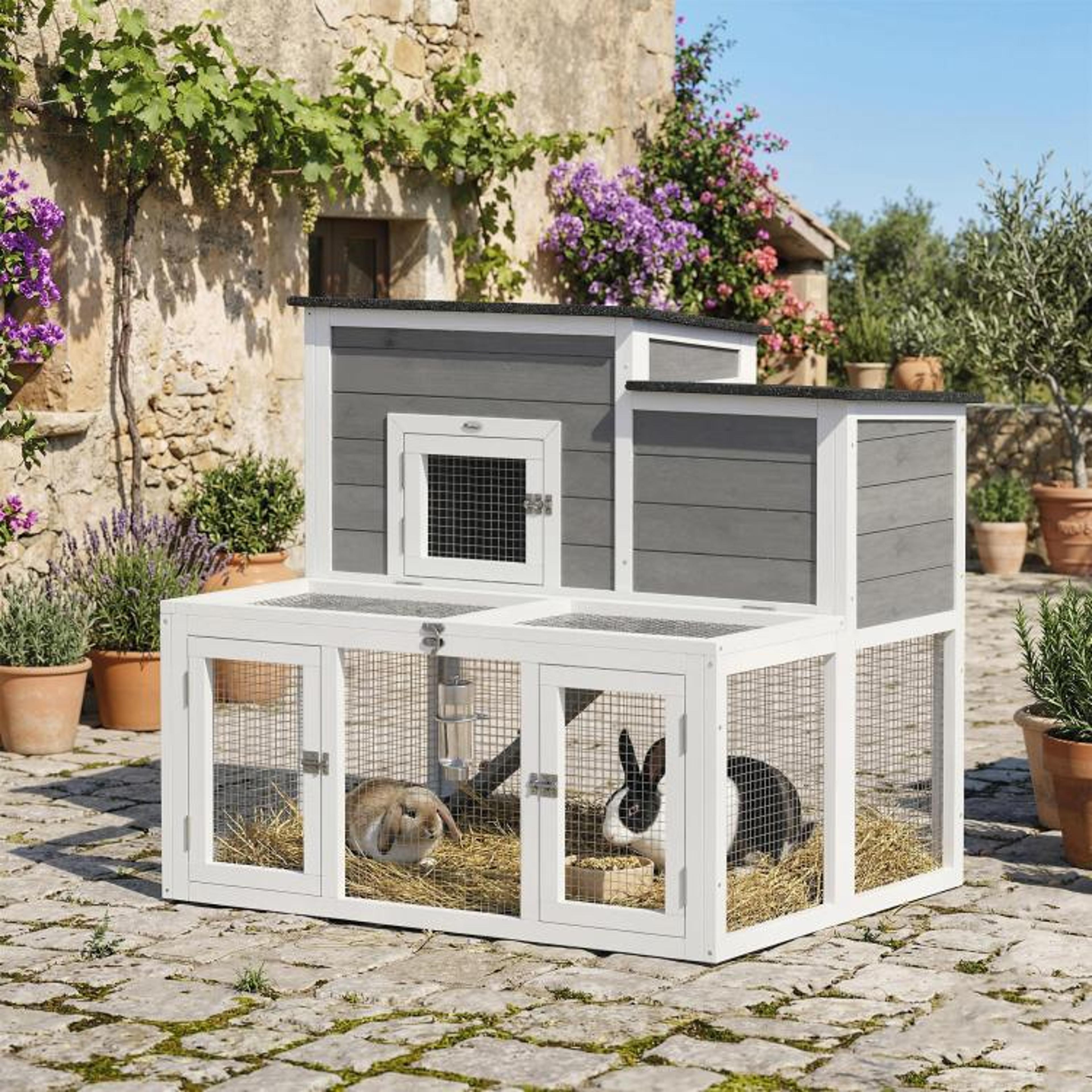 2Story Wooden Rabbit Hutch With Run And Waterproof Roof 2
