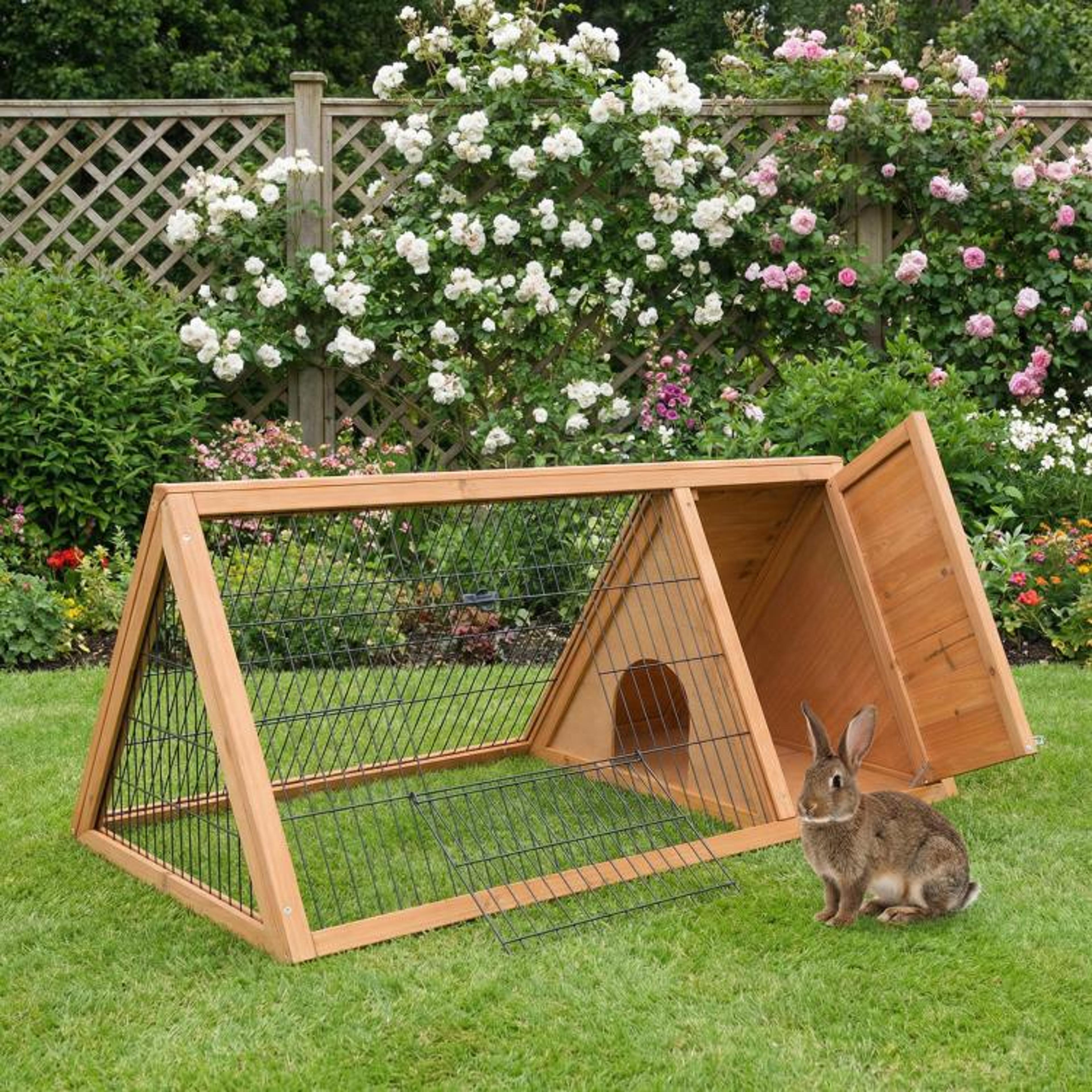 Outdoor Rabbit Hutch With Enclosed Shelter And Wire Mesh Run  Brown 2