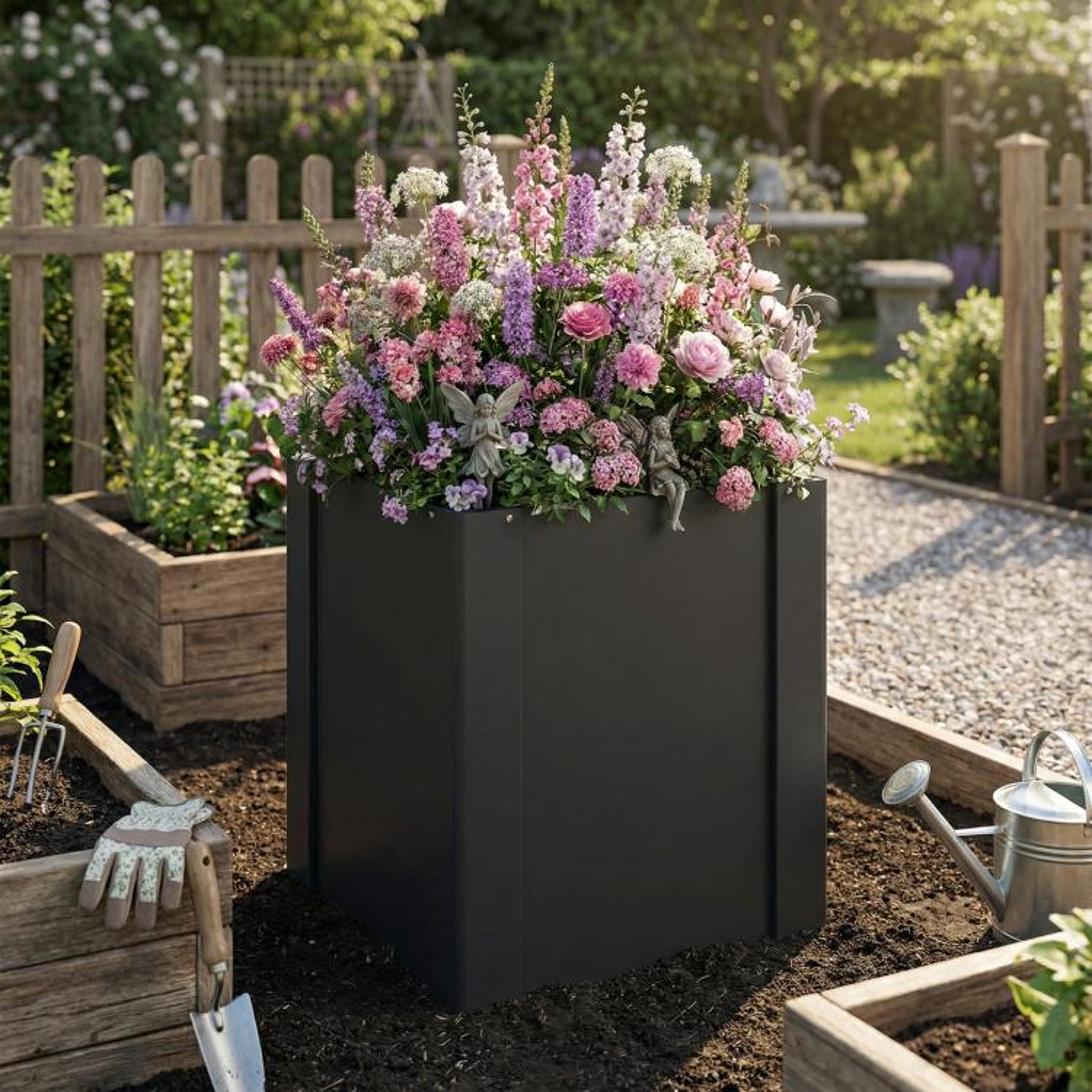 Galvanized Raised Garden Bed With Open Bottom And Gardening Gloves  Black 3