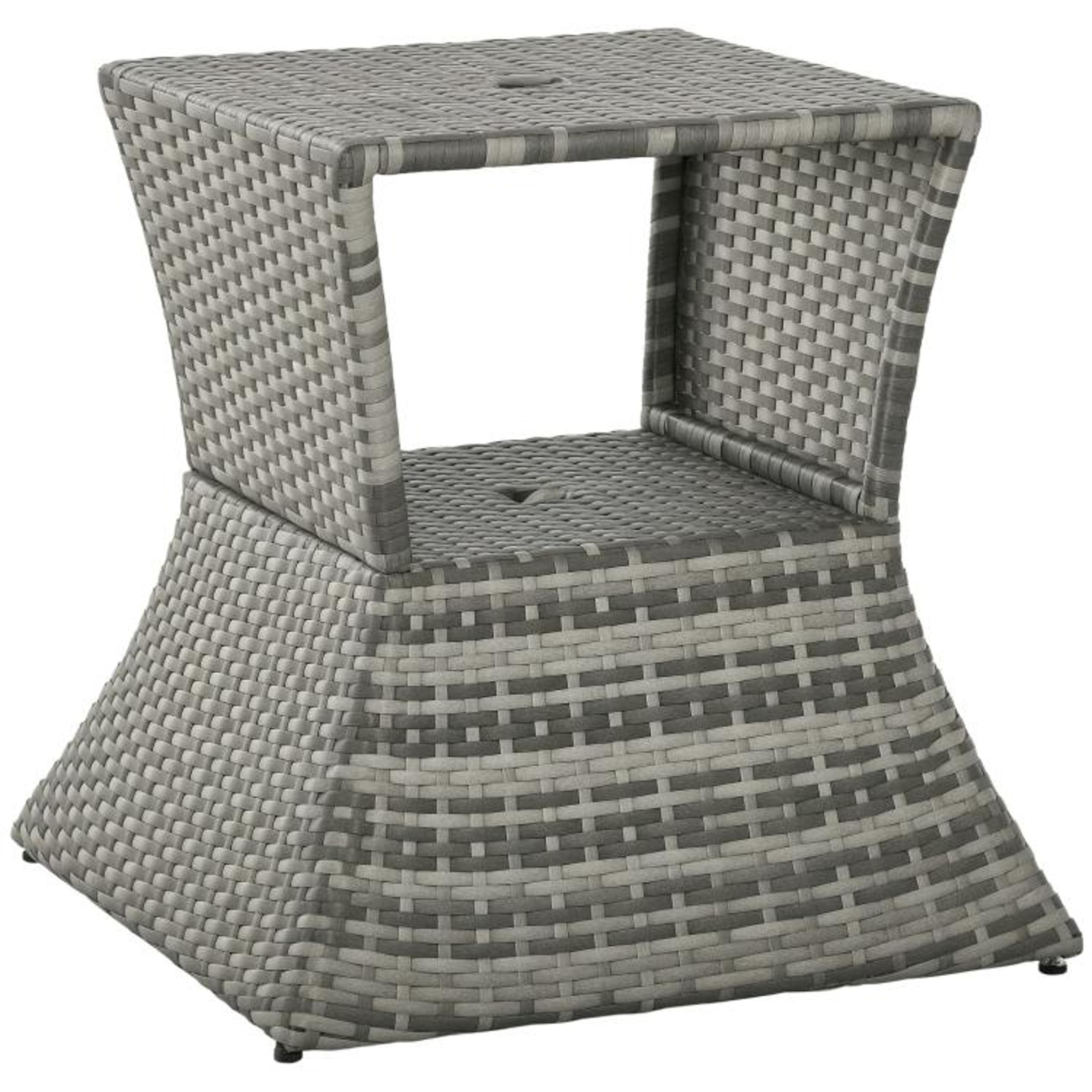 outdoor wicker side table with umbrella hole and 2-tier storage shelf