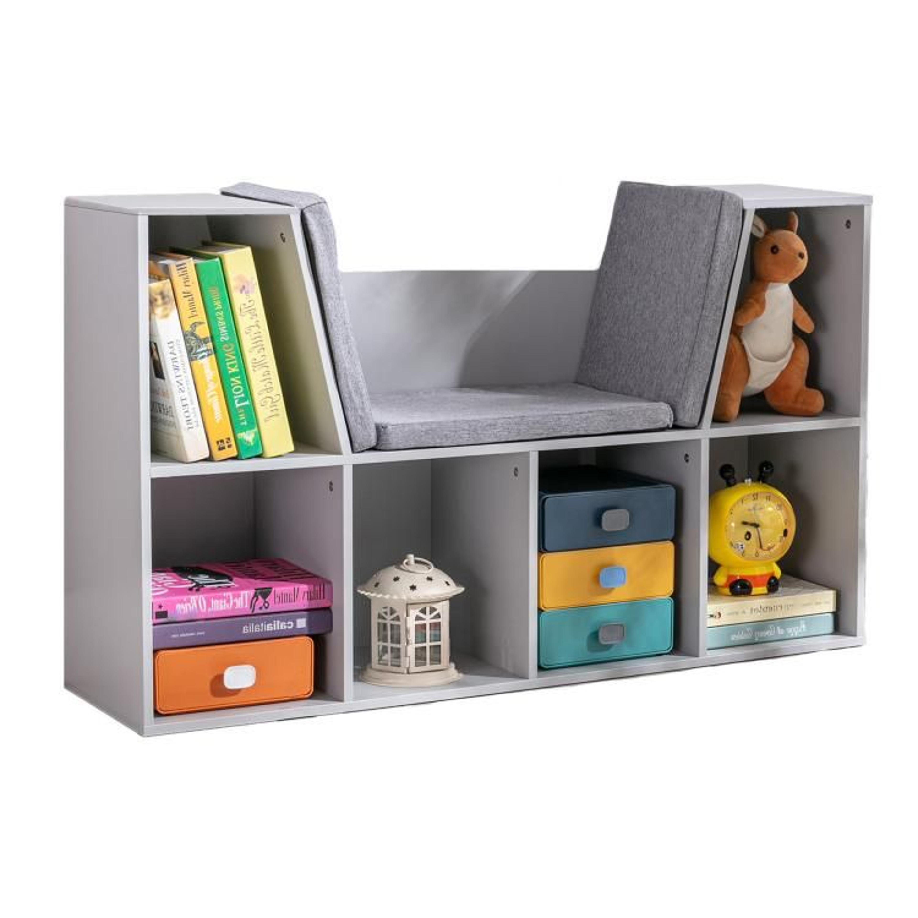 6-cubby kids bookcase with cushioned reading nook and storage bench  gray