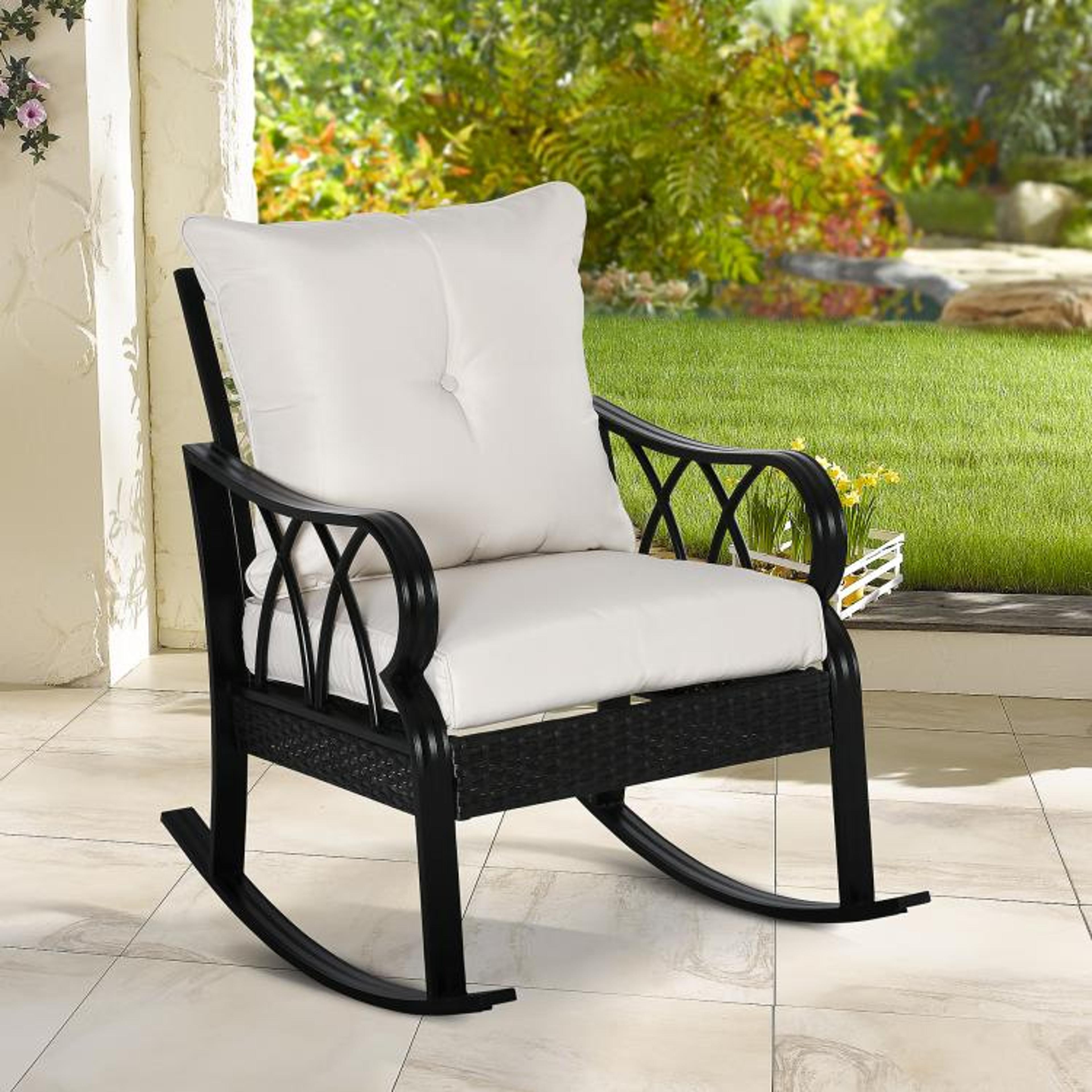 Outdoor Wicker Rocking Chair With Cushions And Aluminum Frame Khaki 3