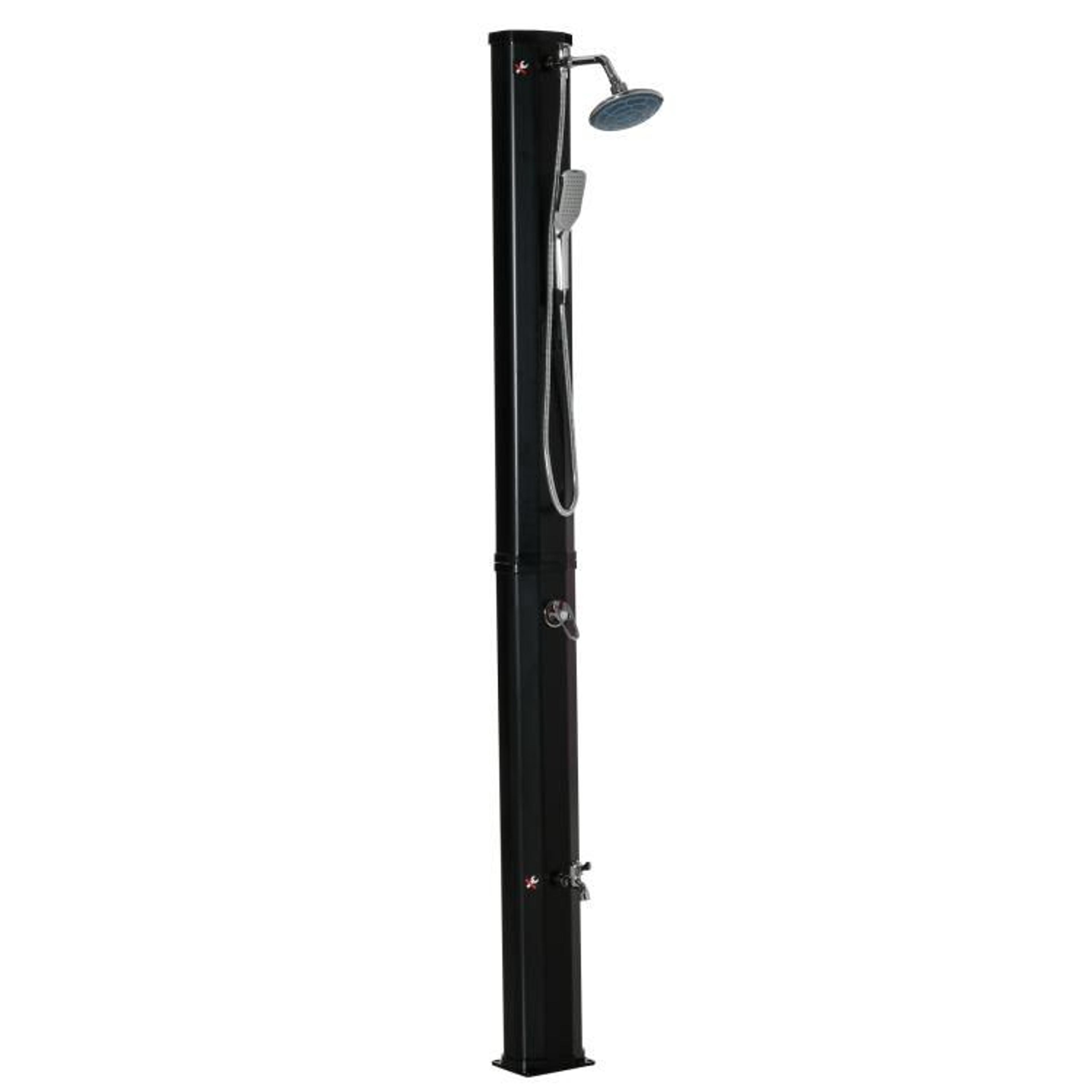 outdoor solar heated shower with 9.2-gallon tank and 360° rotating shower head