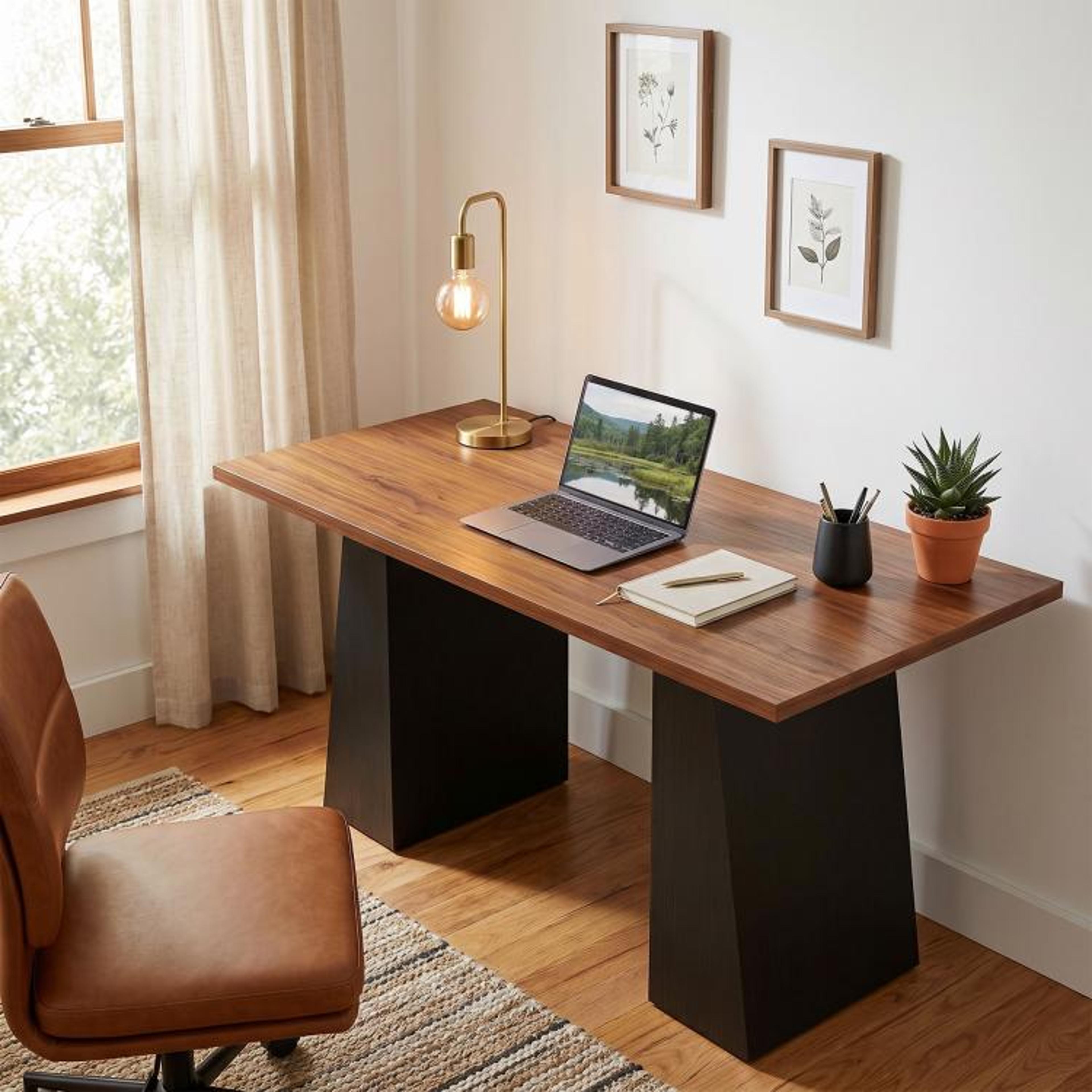 63 Inch Computer Desk With Trapezoidal Base In Light Walnut And Black 2