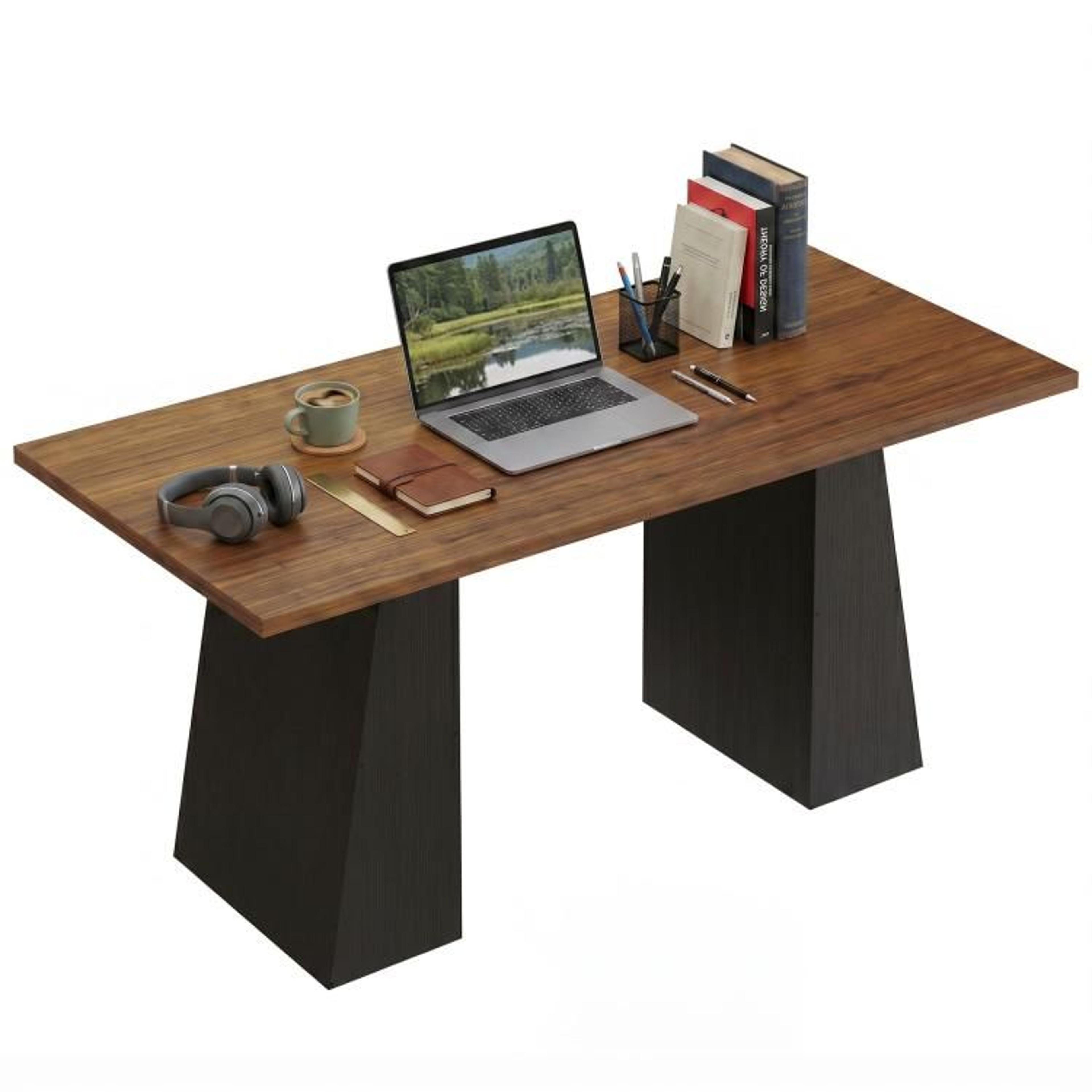 63 Inch Computer Desk With Trapezoidal Base In Light Walnut And Black 1