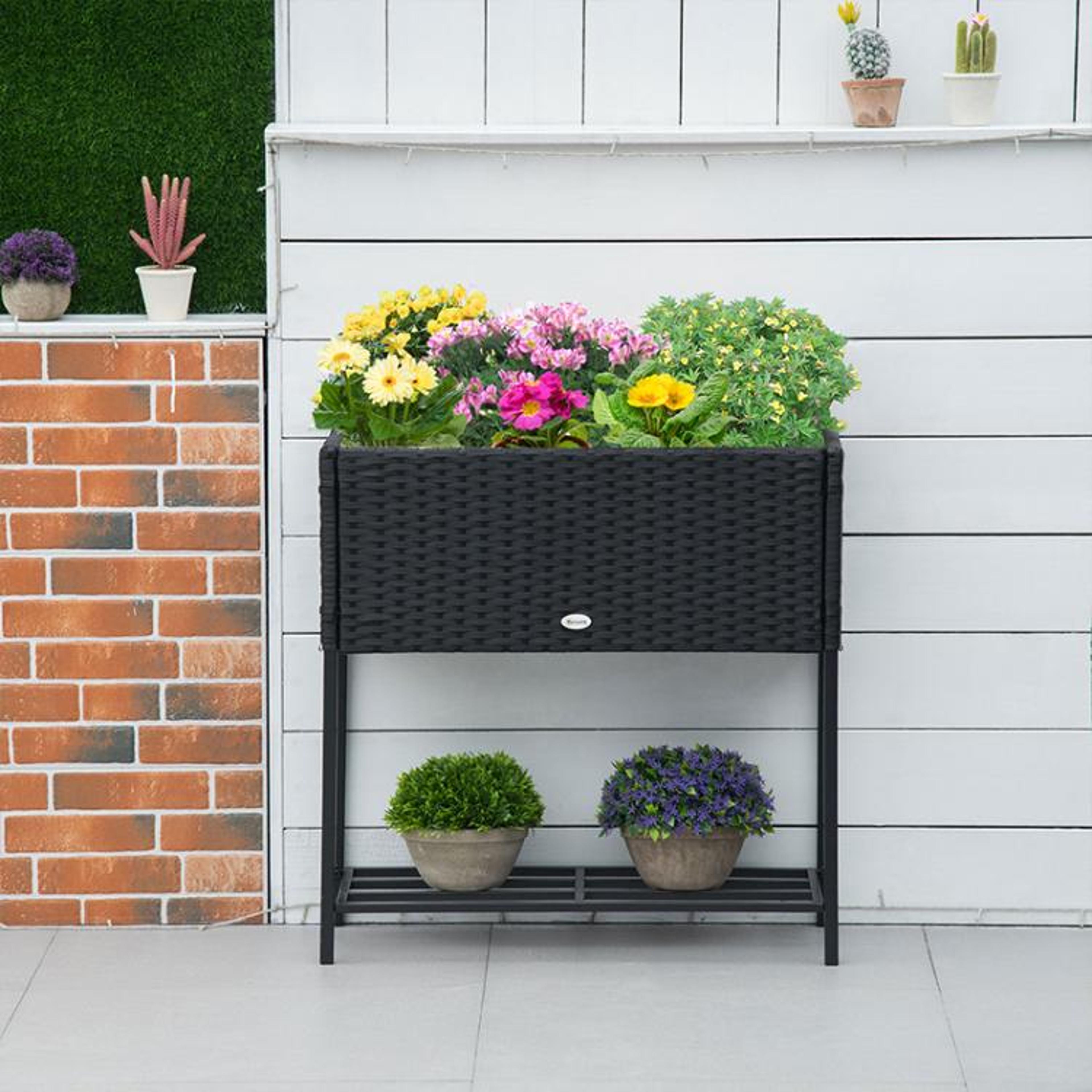 Raised Garden Planter With PE Rattan Wicker And Storage Shelf 3