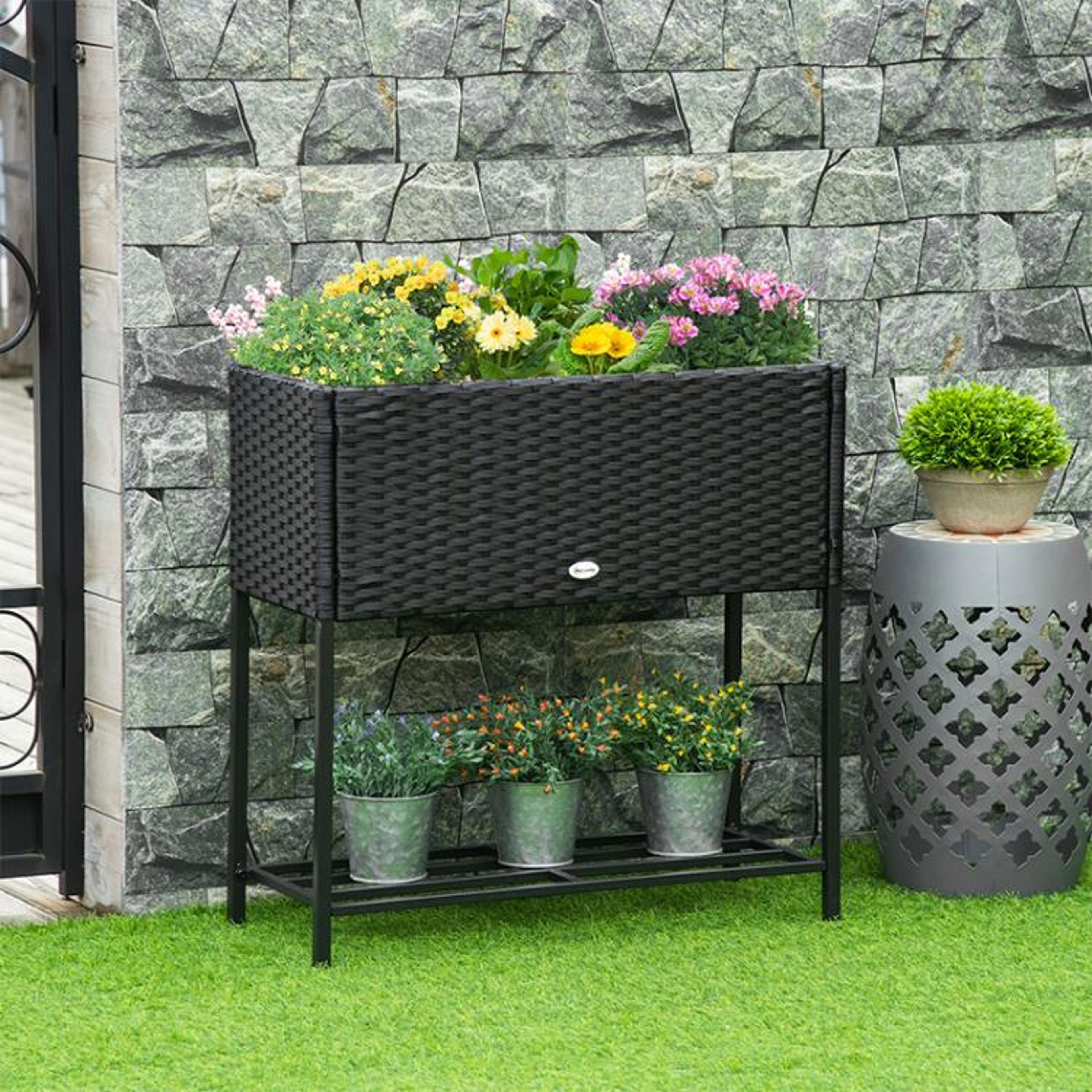 Raised Garden Planter With PE Rattan Wicker And Storage Shelf 2