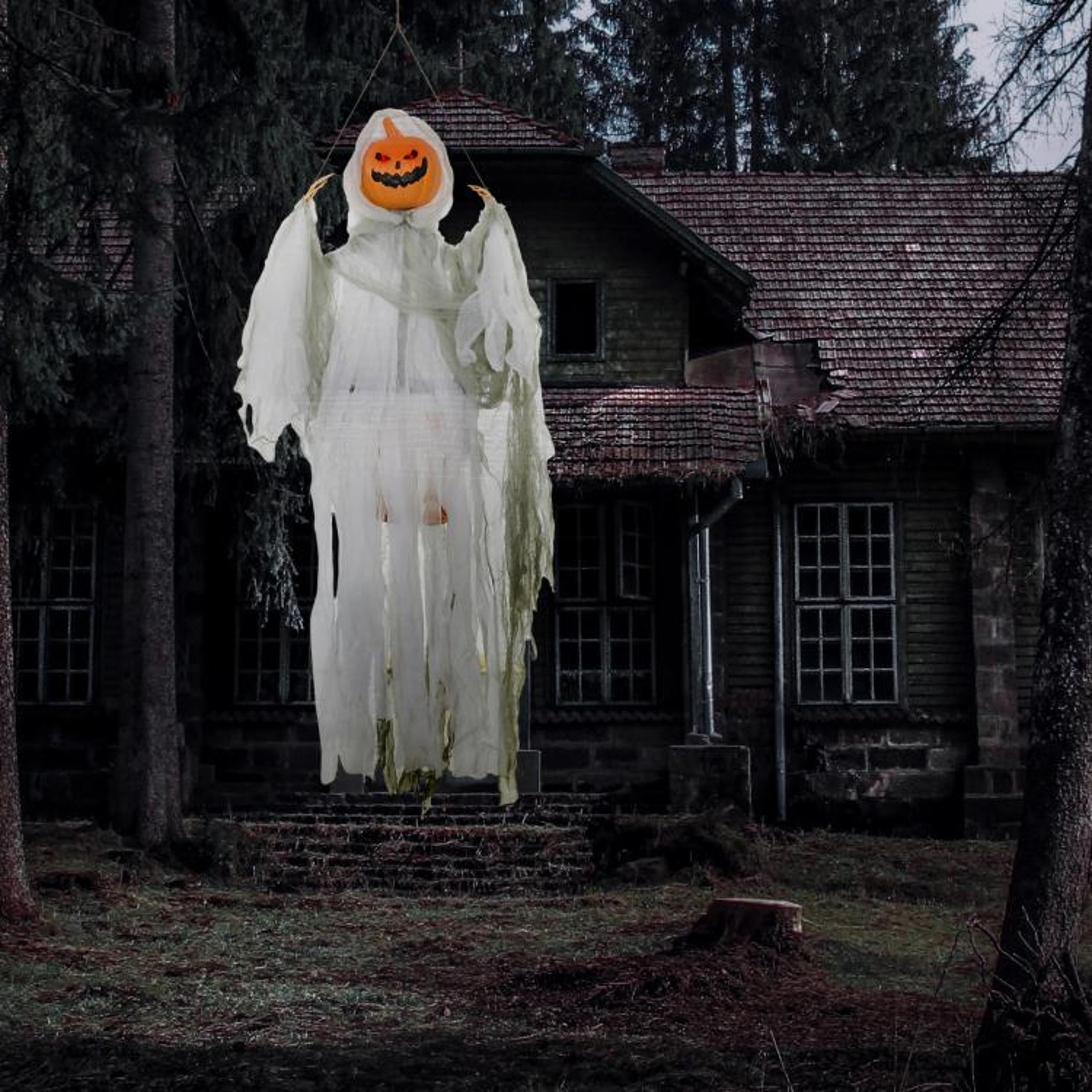 Hanging Halloween Pumpkin Ghost Decoration With Glowing Eyes And Sounds 2