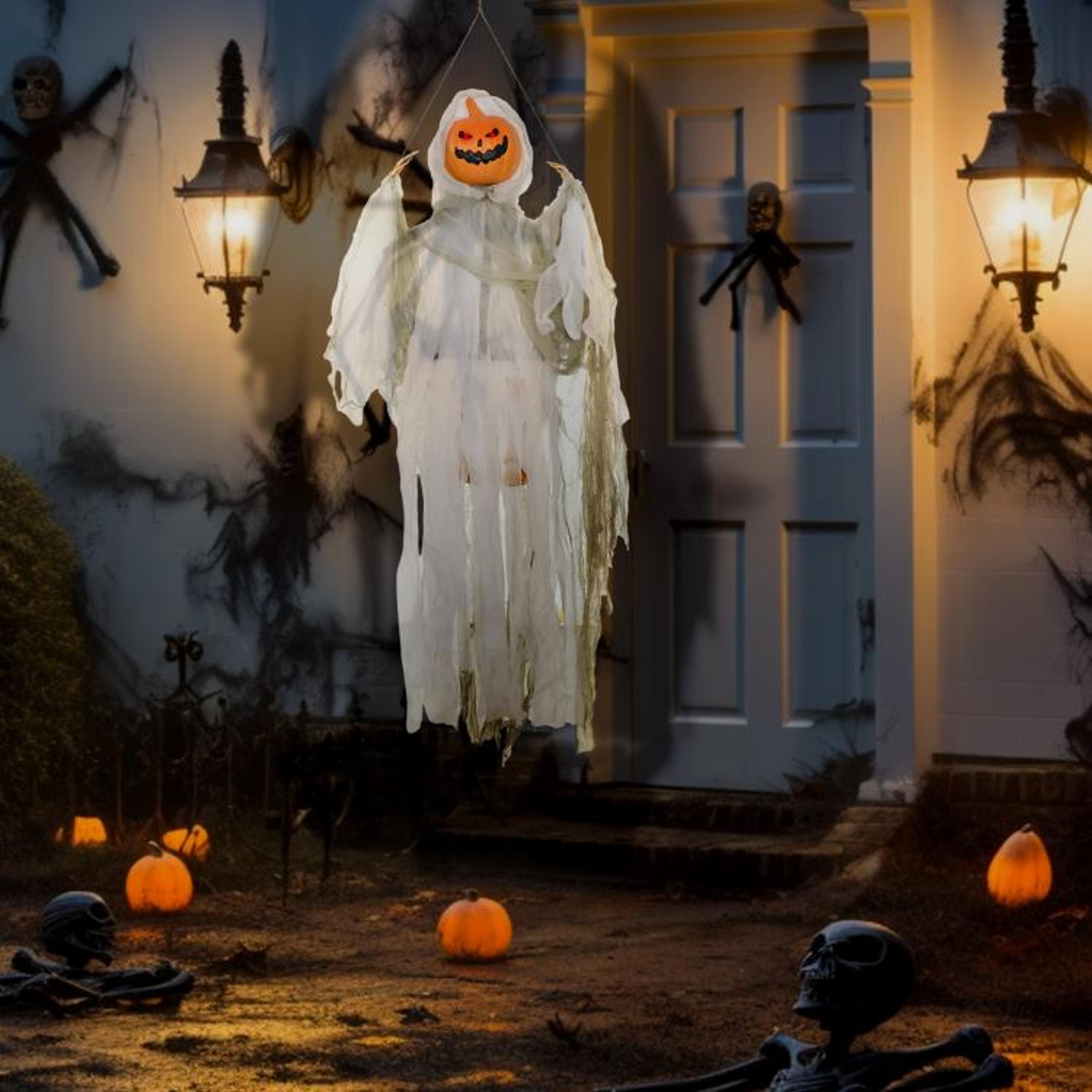 Hanging Halloween Pumpkin Ghost Decoration With Glowing Eyes And Sounds 1