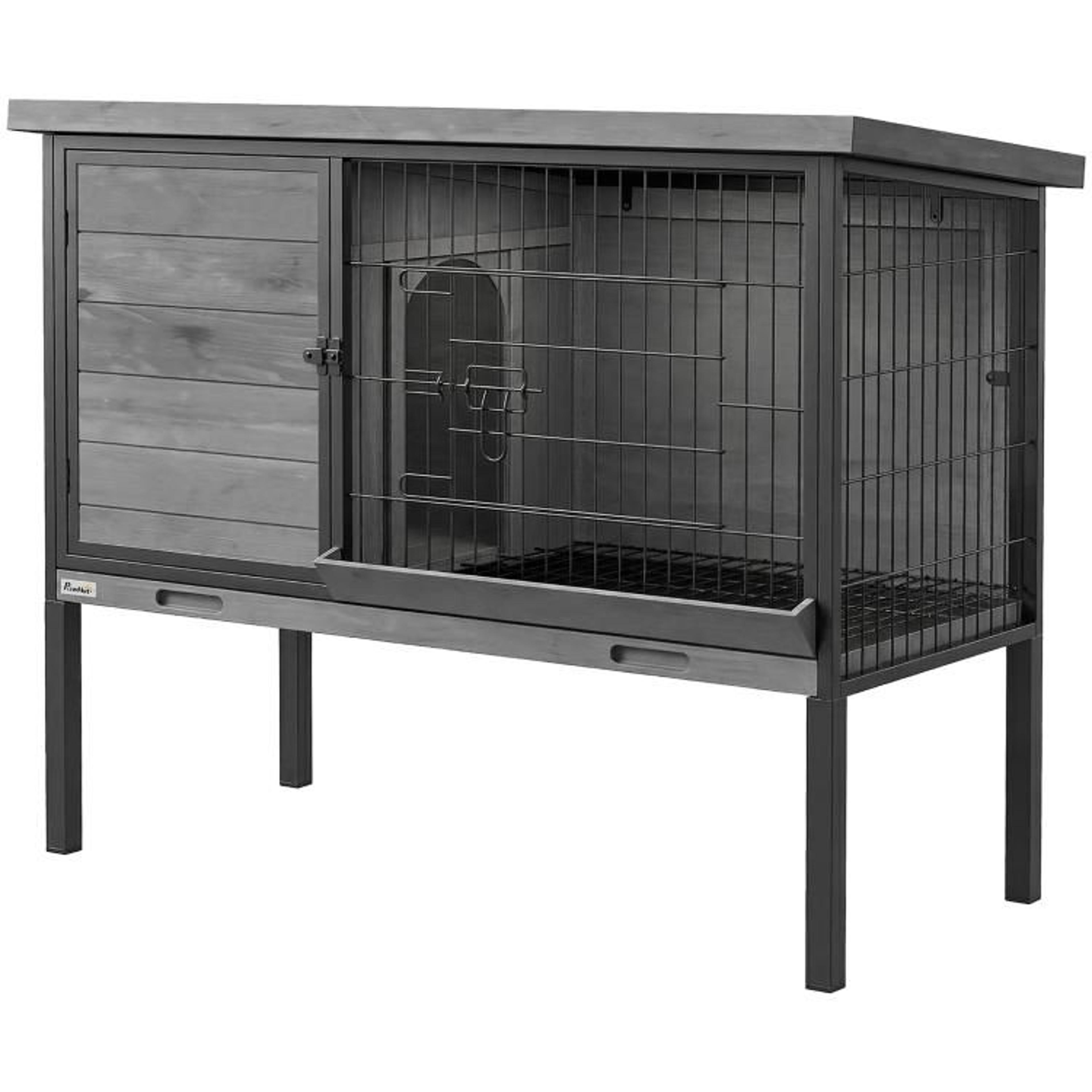 elevated outdoor rabbit hutch with pull-out tray and opening roof