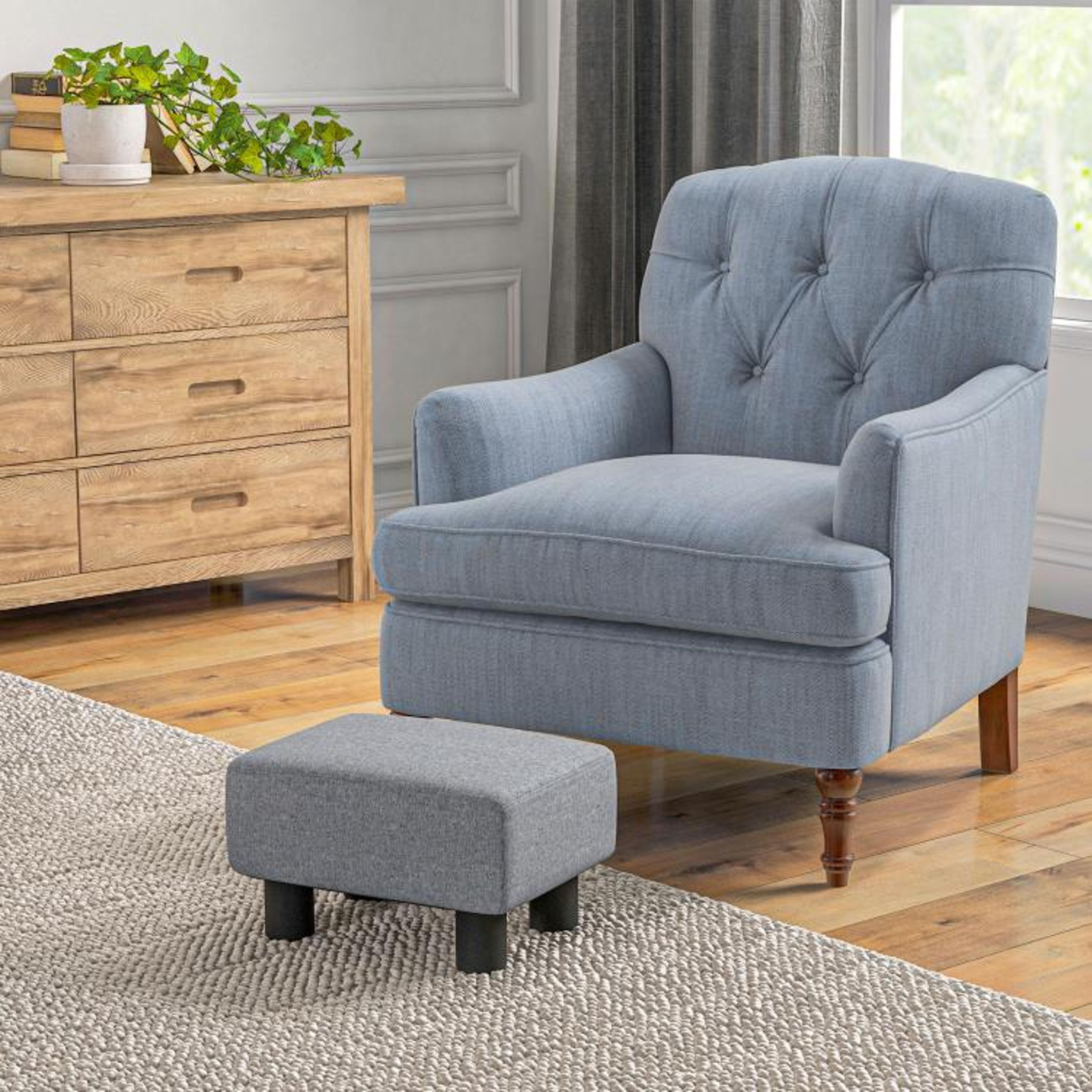 Small Gray Ottoman Foot Rest With Linen Upholstery And Padded Cushion 2