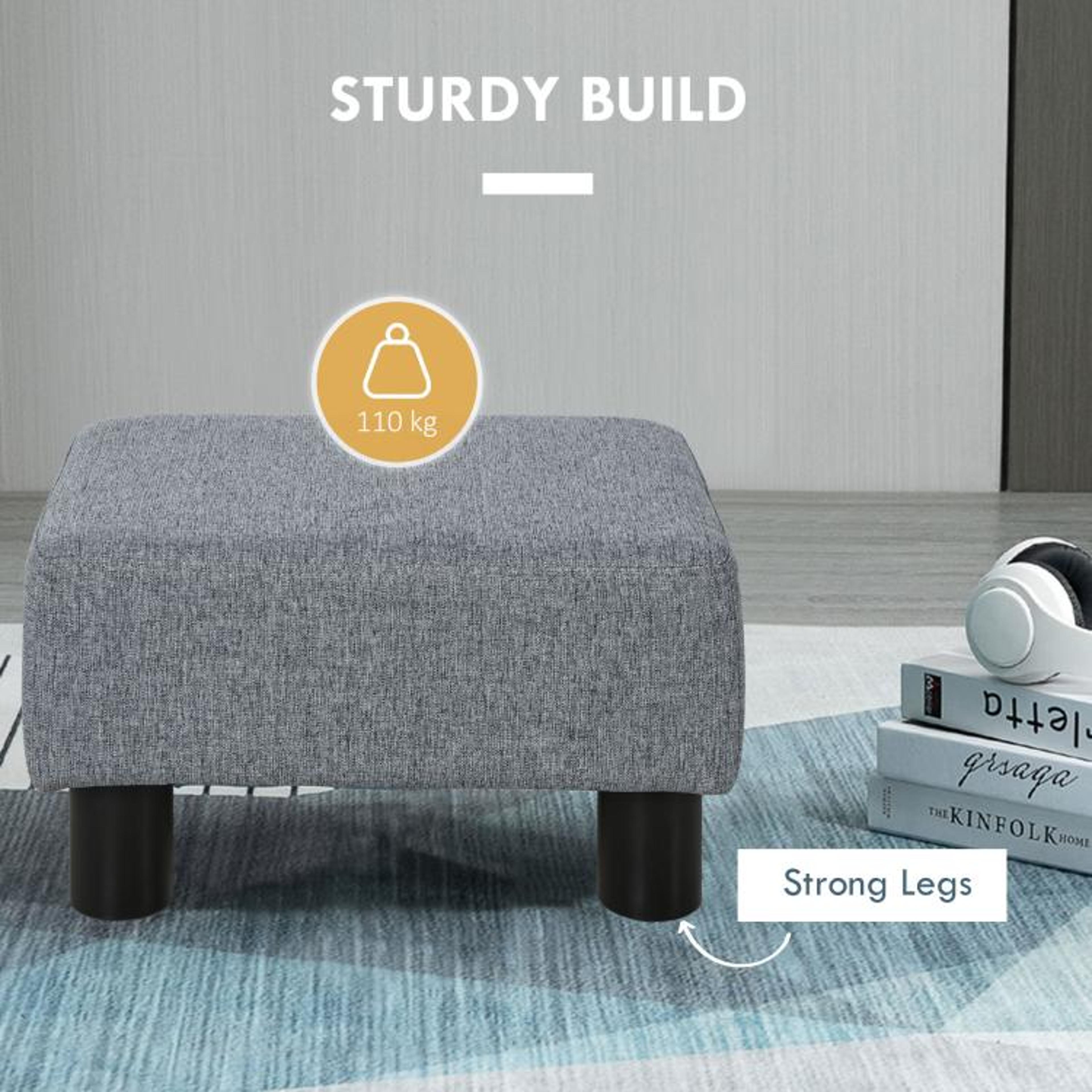 Small Gray Ottoman Foot Rest With Linen Upholstery And Padded Cushion 5