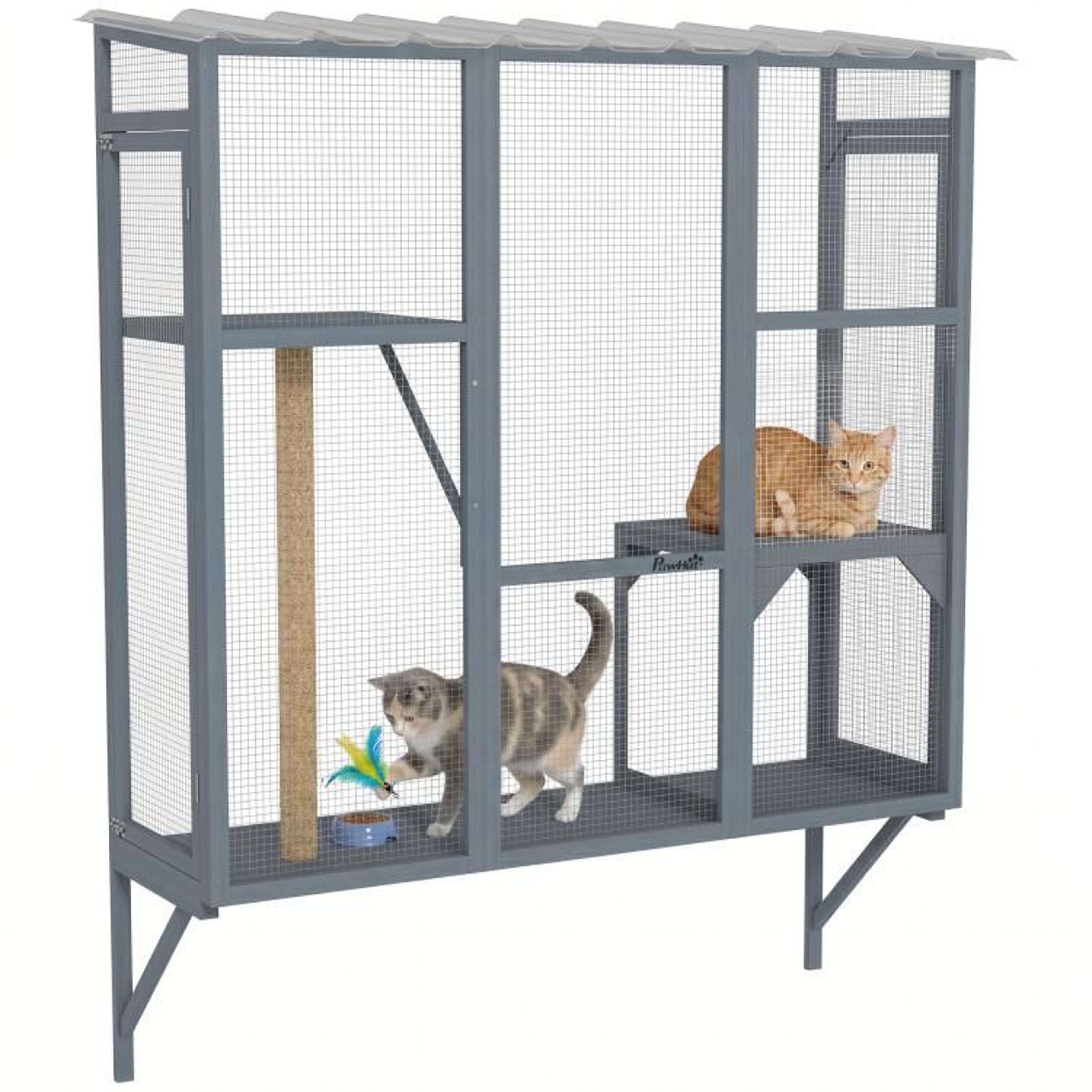 outdoor window catio for 2–3 cats with jumping platforms and scratching post