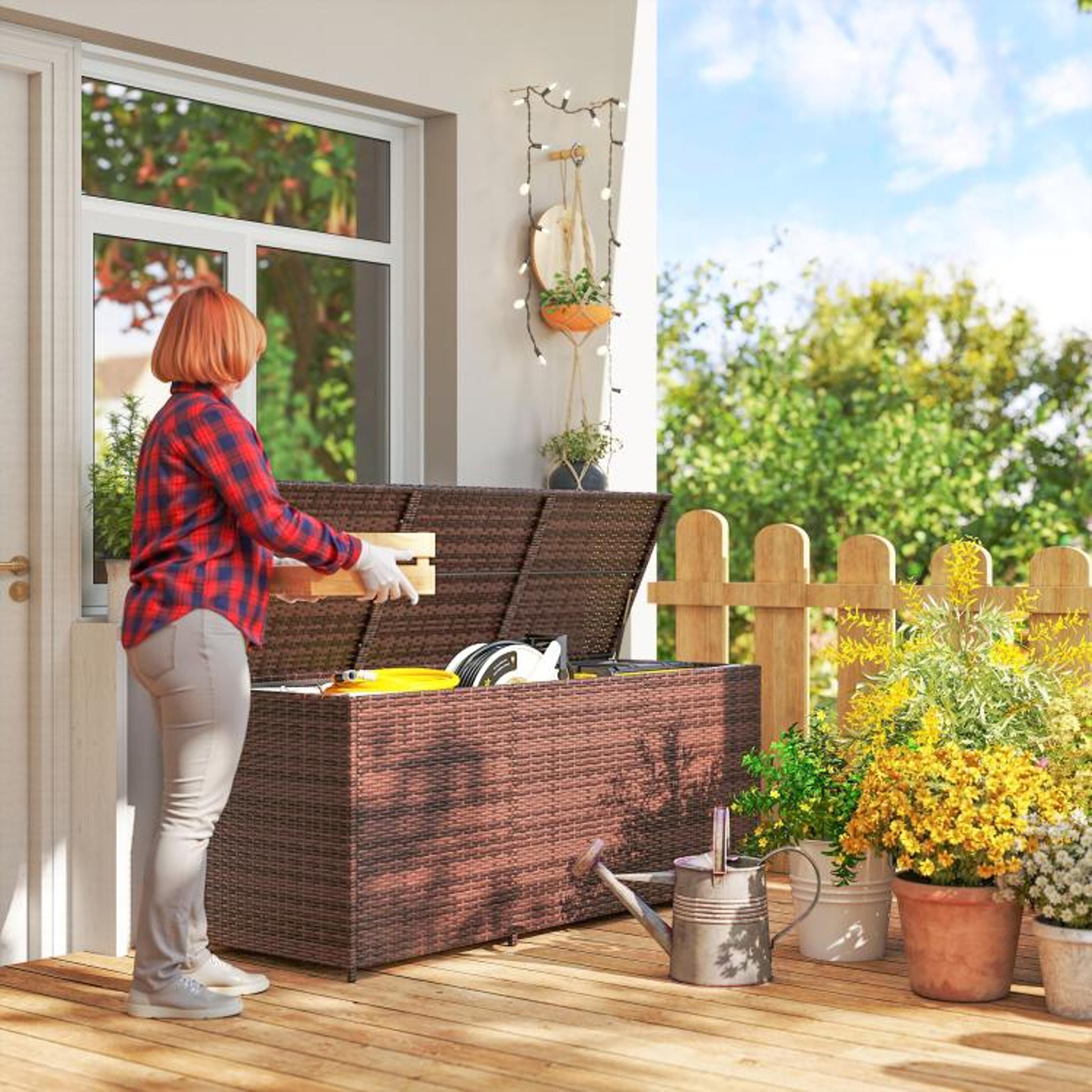 175 Gallon Outdoor Wicker Deck Storage Box With Liner And Pneumatic Lid  Mixed Brown 3