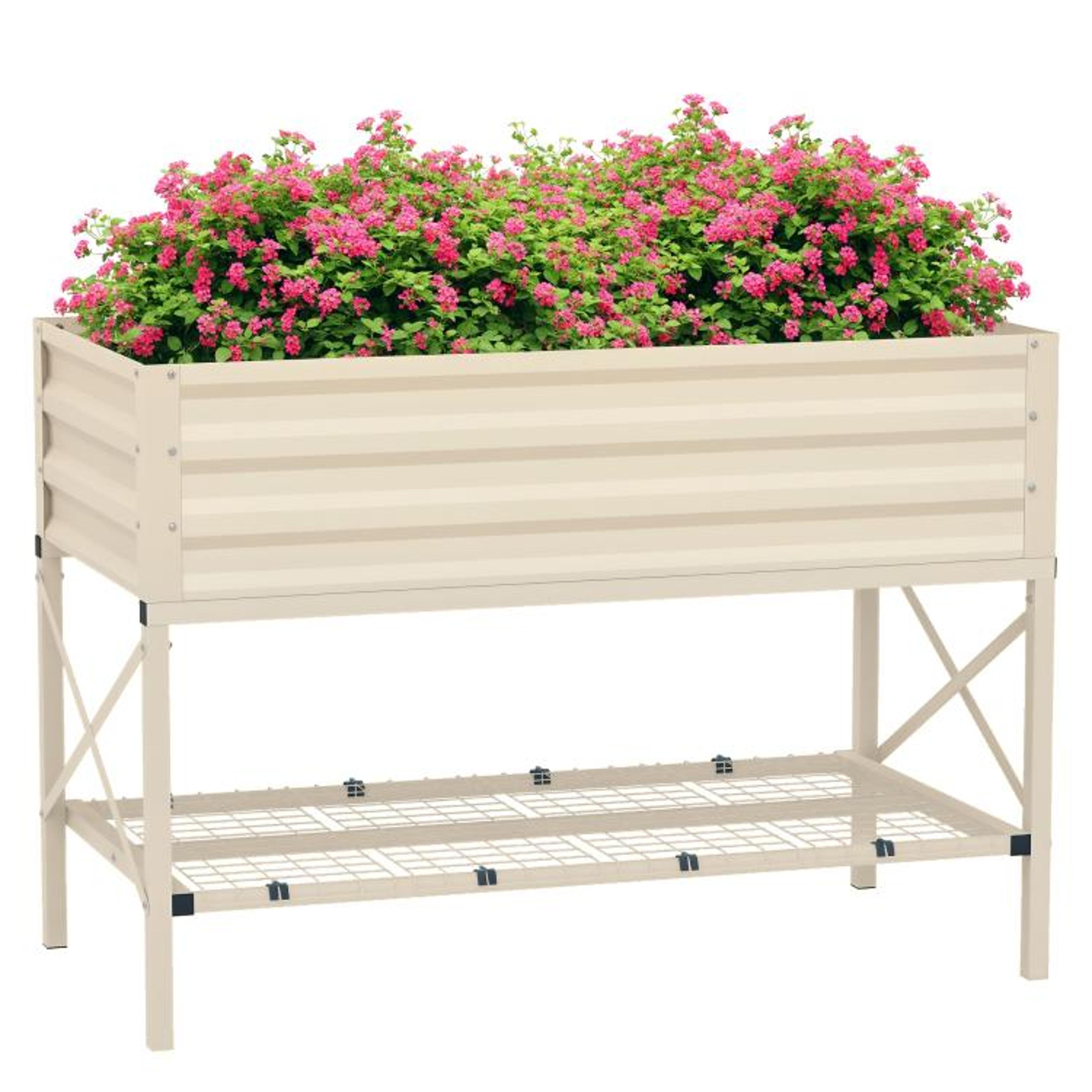 galvanized raised garden bed with legs and storage shelf  cream