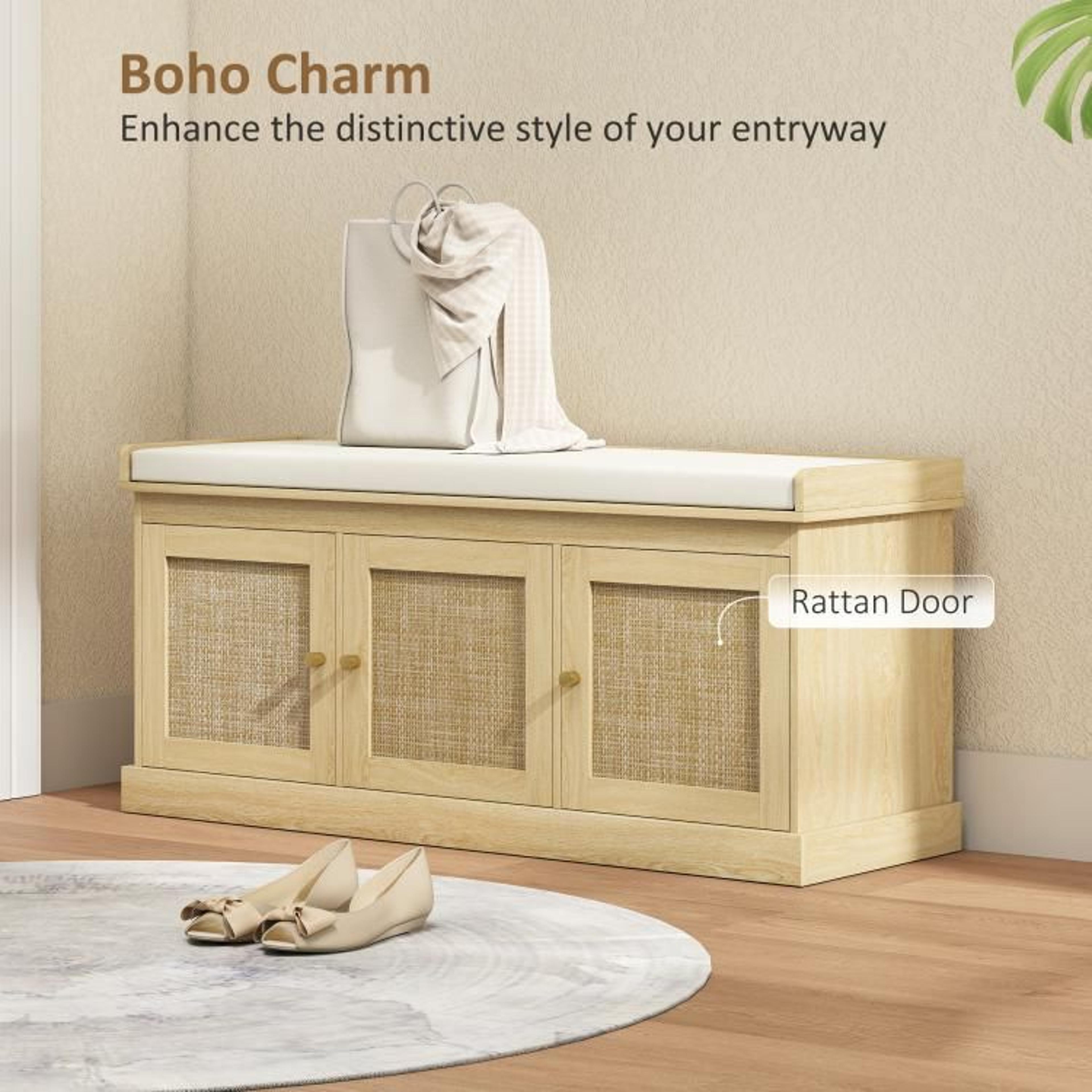 Shoe Storage Bench With Woven Rattan Doors And Cushioned Seat  Oak Tone 4