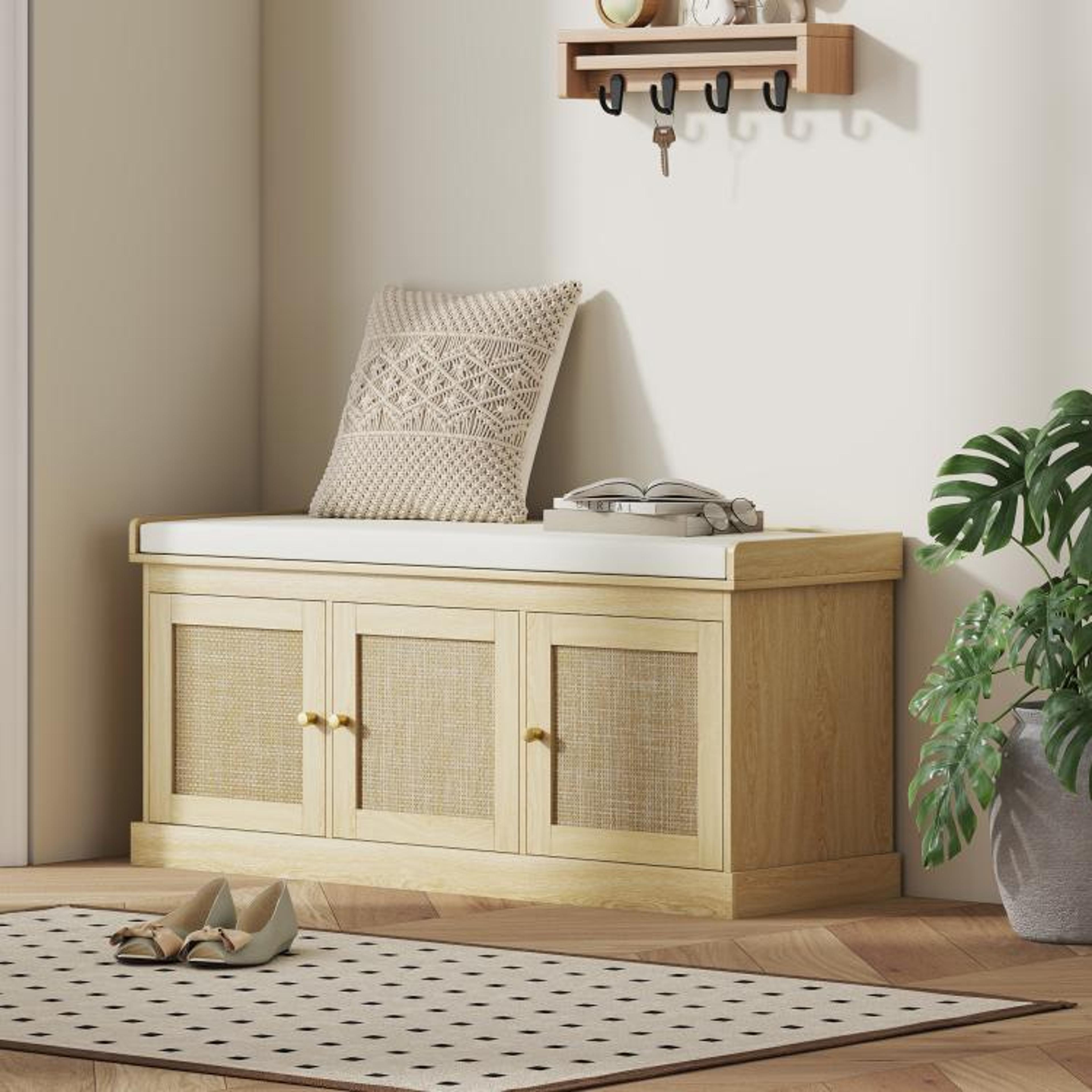 Shoe Storage Bench With Woven Rattan Doors And Cushioned Seat  Oak Tone 2