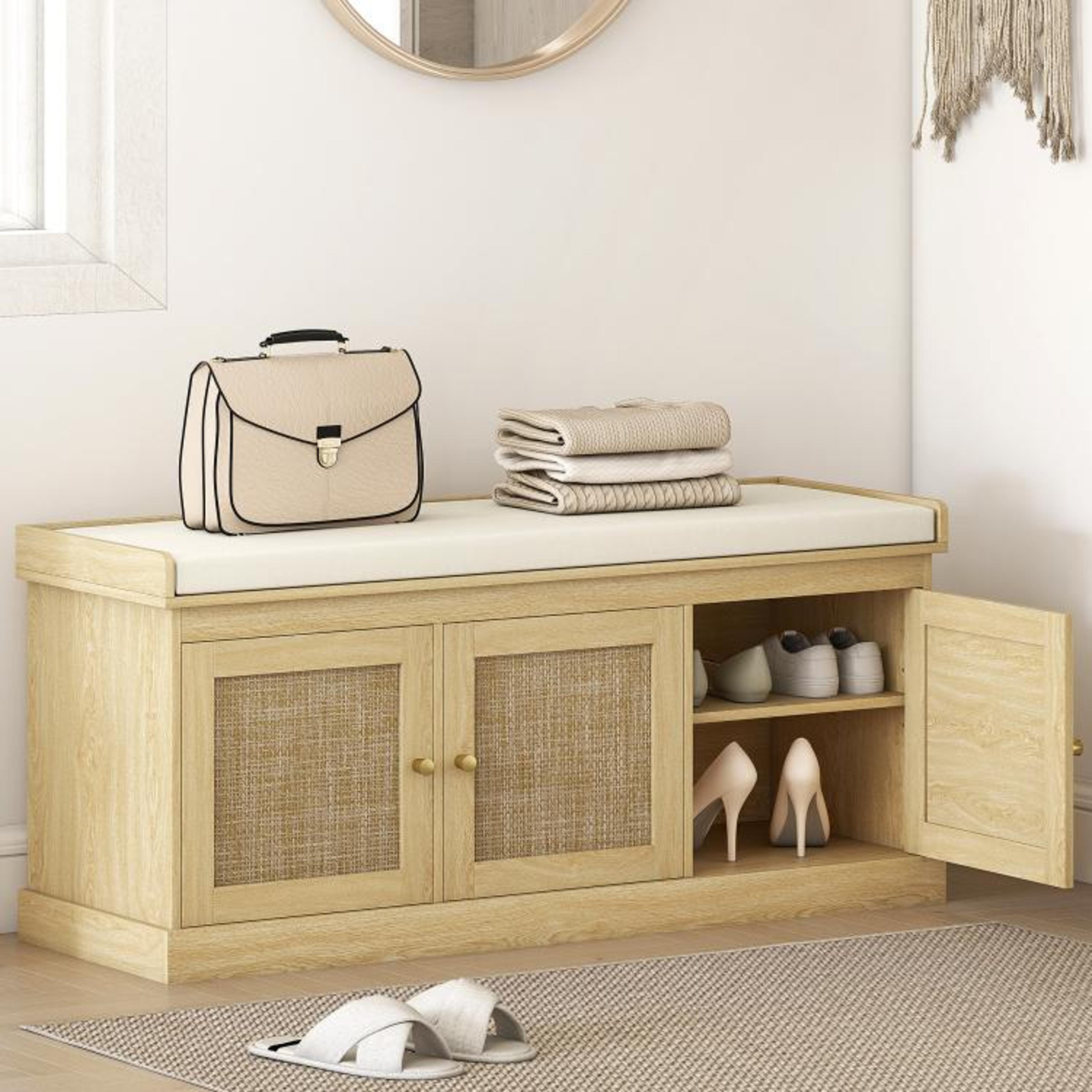 shoe storage bench with woven rattan doors and cushioned seat oak tone
