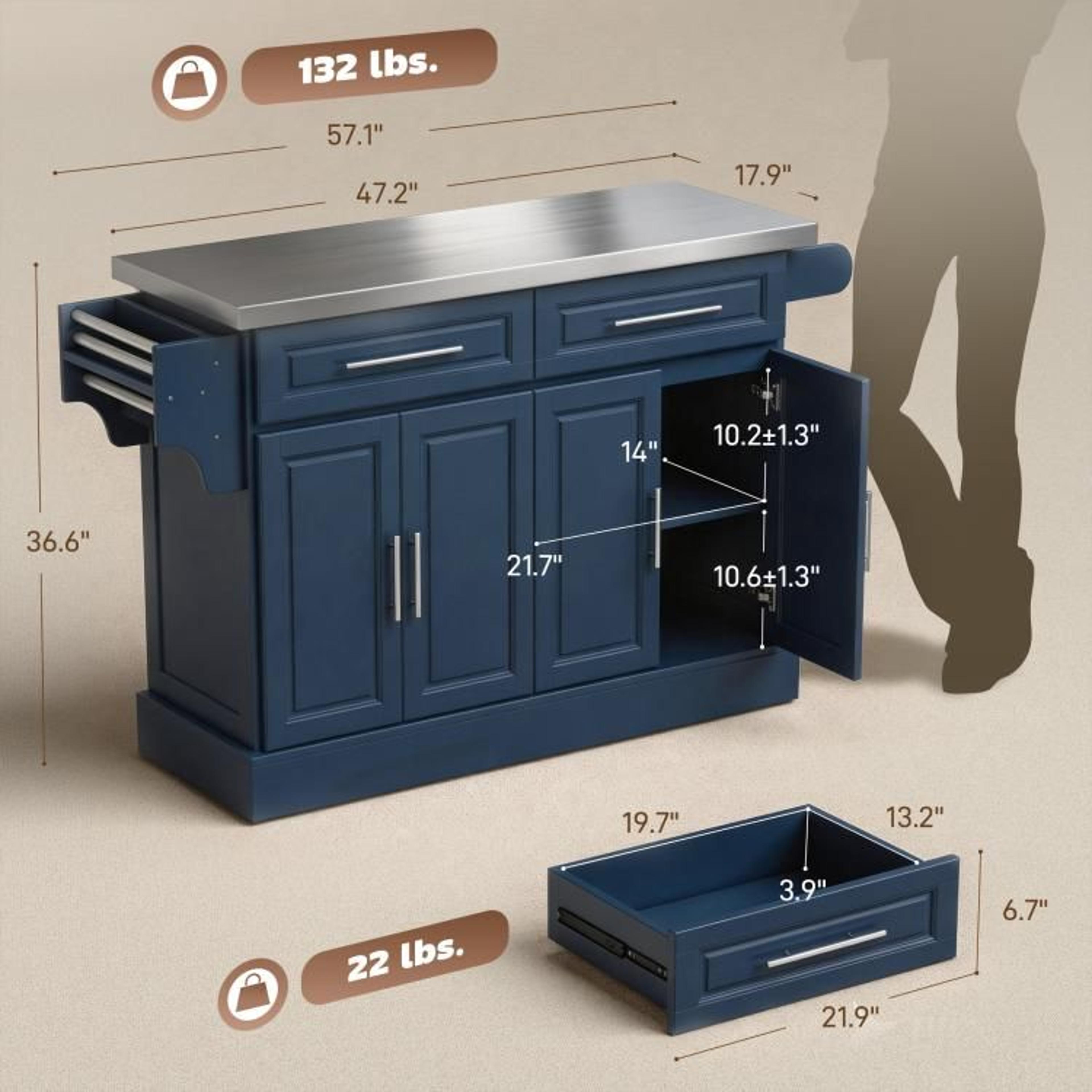 Rolling Kitchen Island With Stainless Steel Top And Storage Cabinets  Navy Blue 4