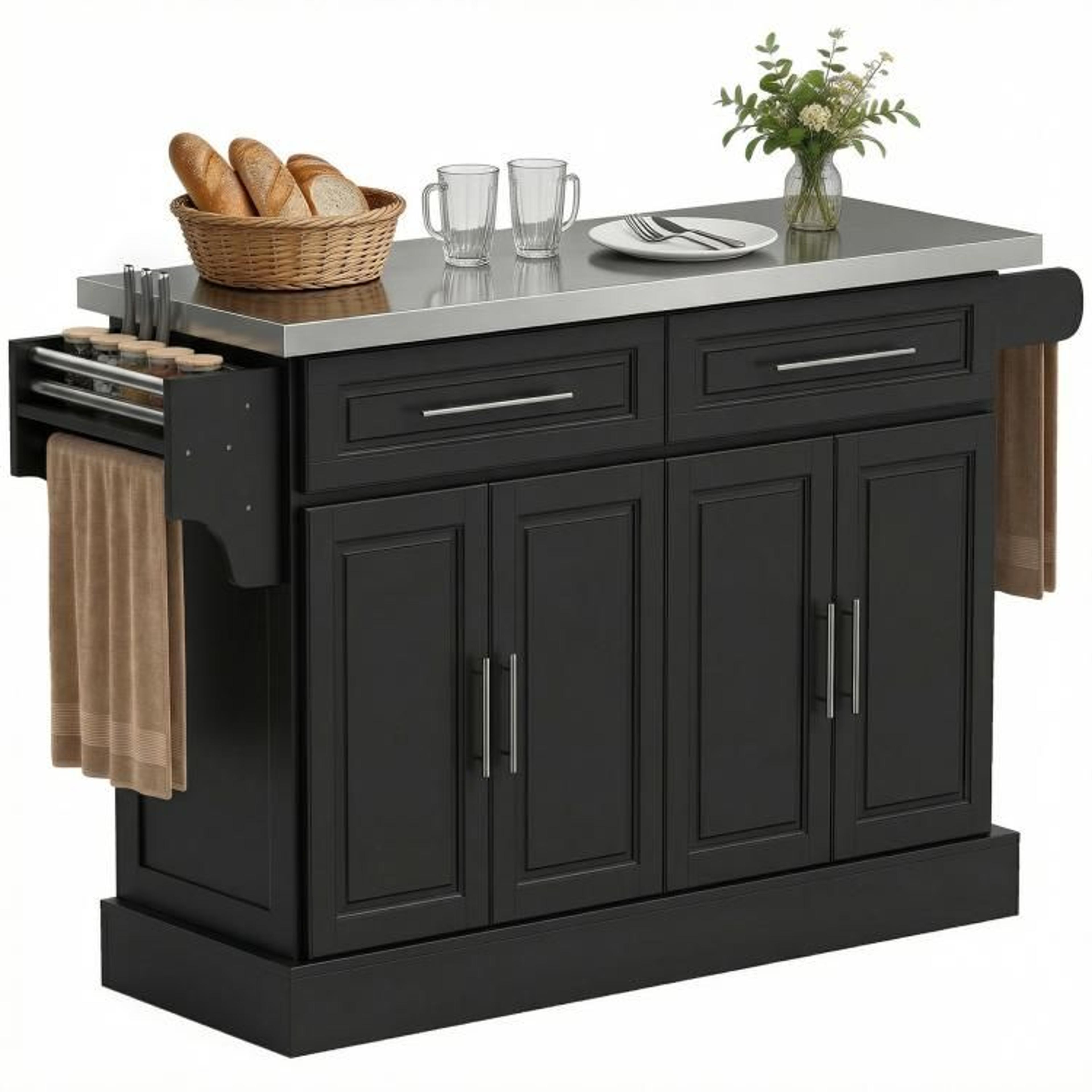 rolling kitchen island cart with stainless steel top and storage cabinets  black