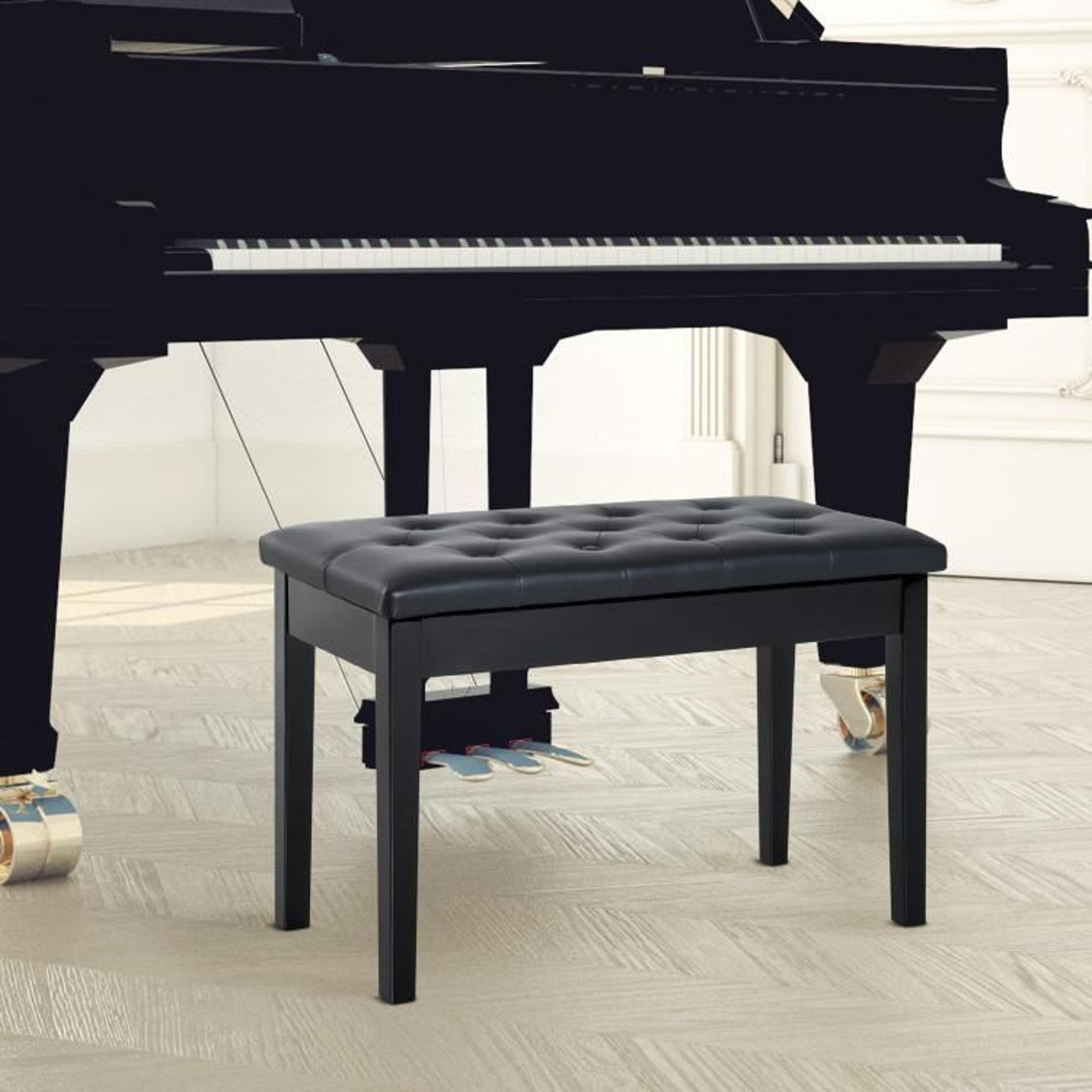 Duet Piano Bench With Tufted Faux Leather Cushion And Wooden Frame  Black 2