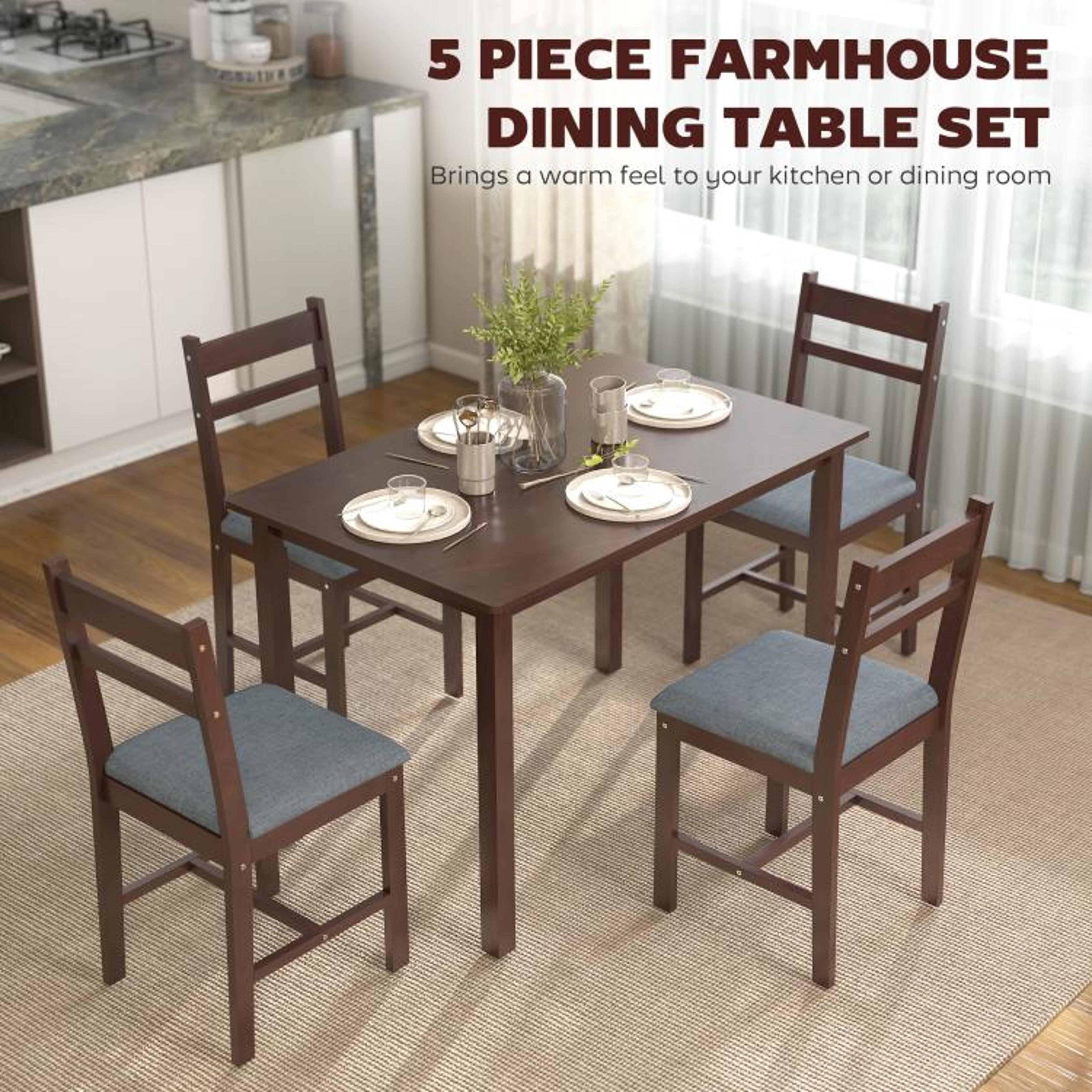 5Piece Solid Wood Dining Table Set For 4 With Upholstered Chairs In Walnut 6