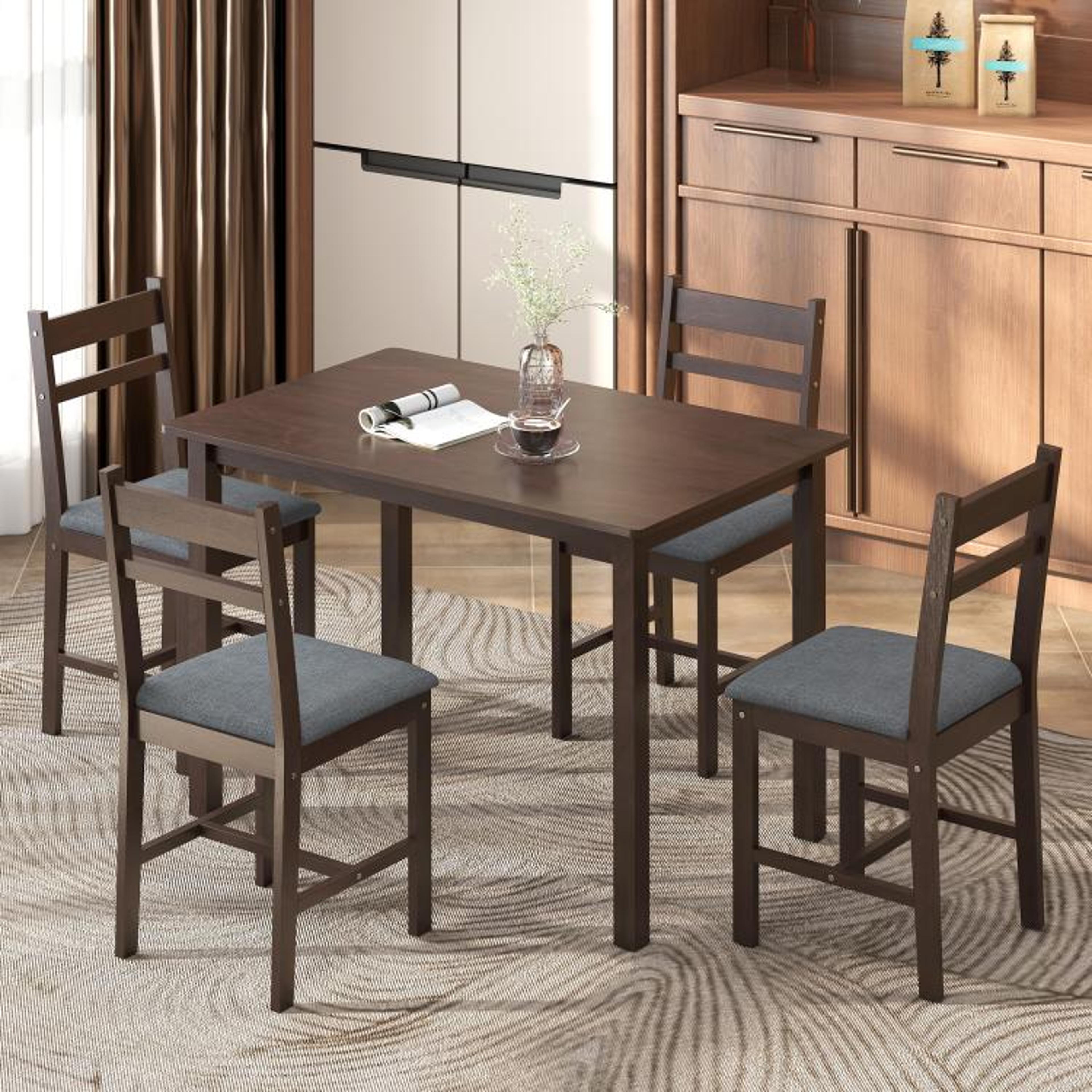 5Piece Solid Wood Dining Table Set For 4 With Upholstered Chairs In Walnut 2
