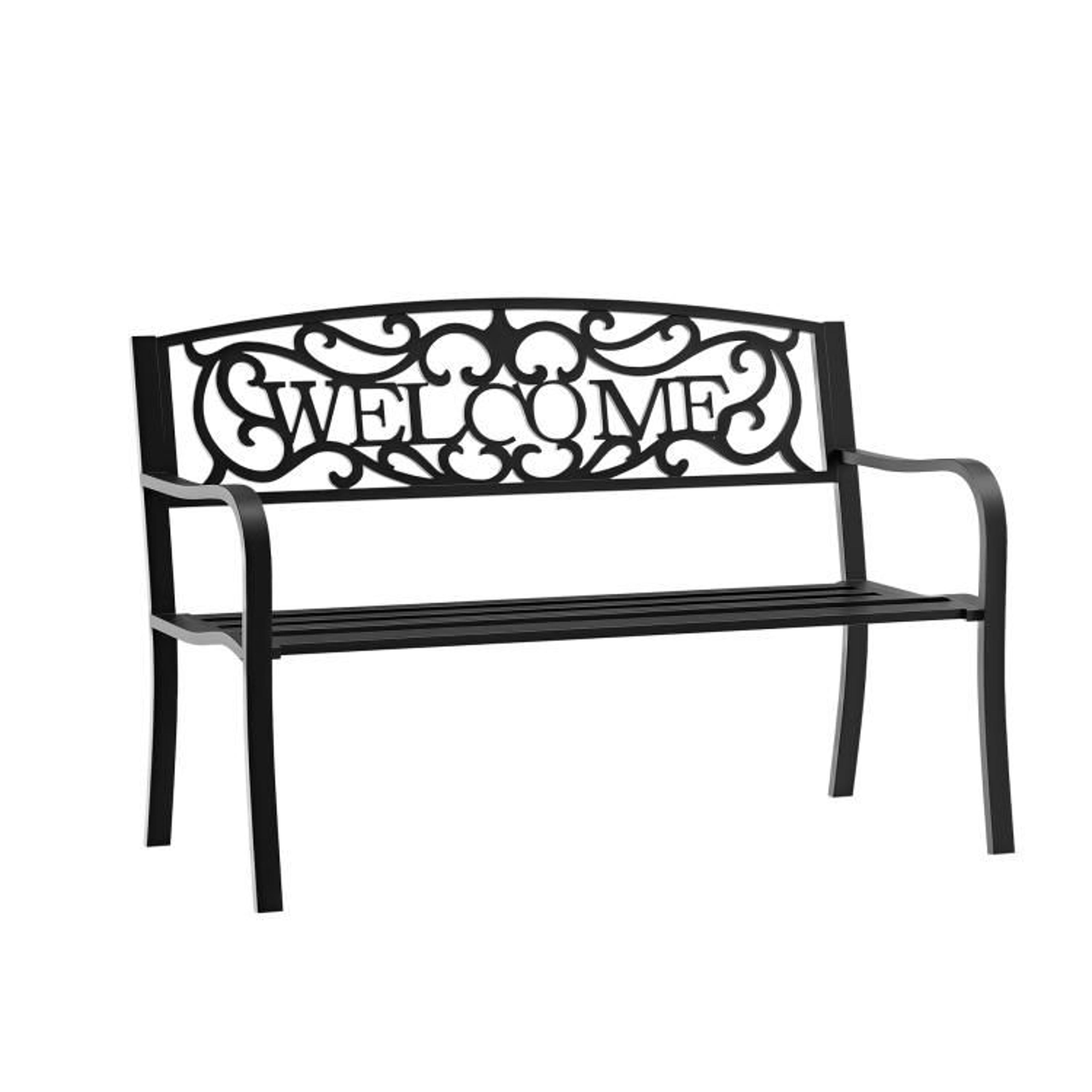 50-inch outdoor garden bench for 2 with decorative welcome backrest