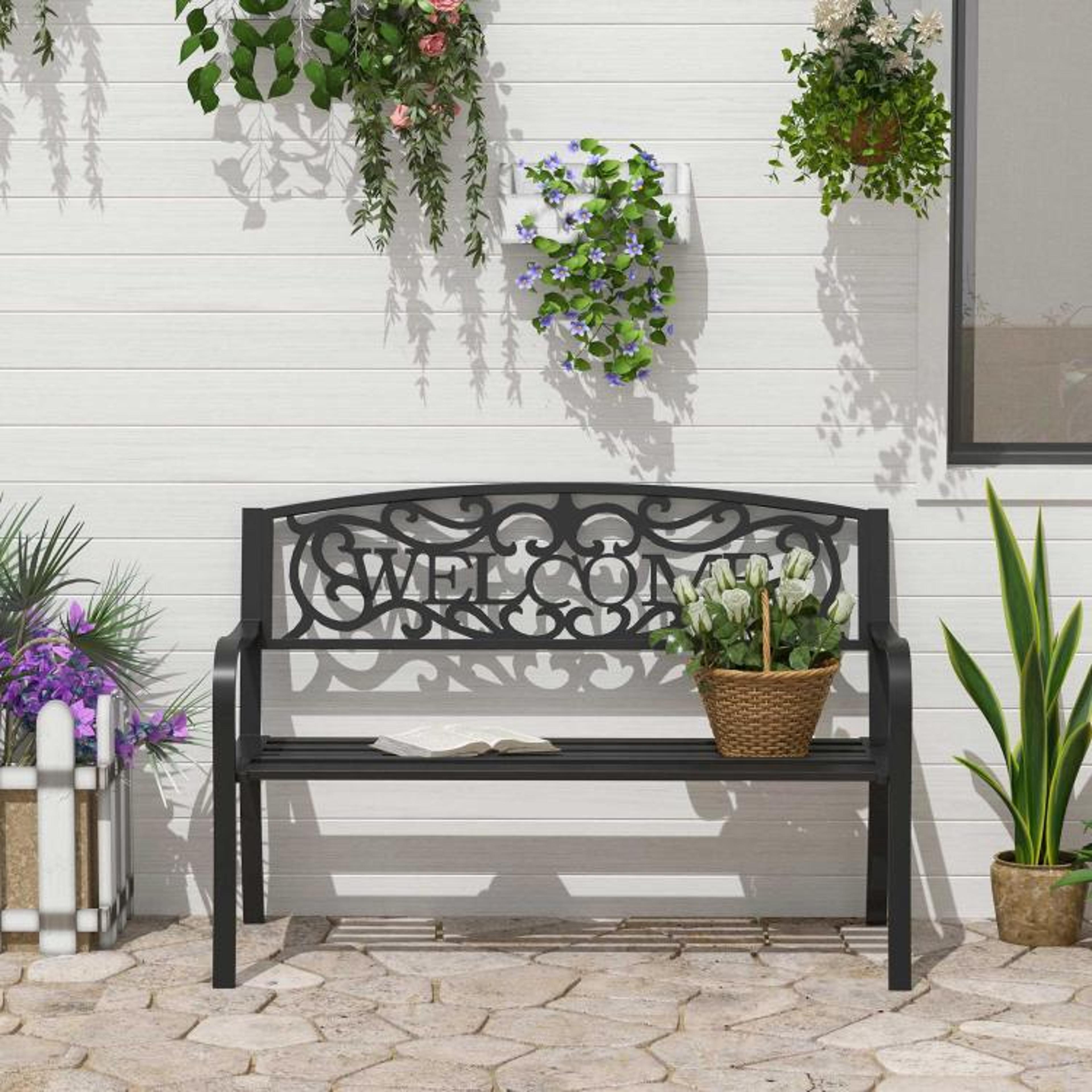 50Inch Outdoor Garden Bench For 2 With Decorative Welcome Backrest 2