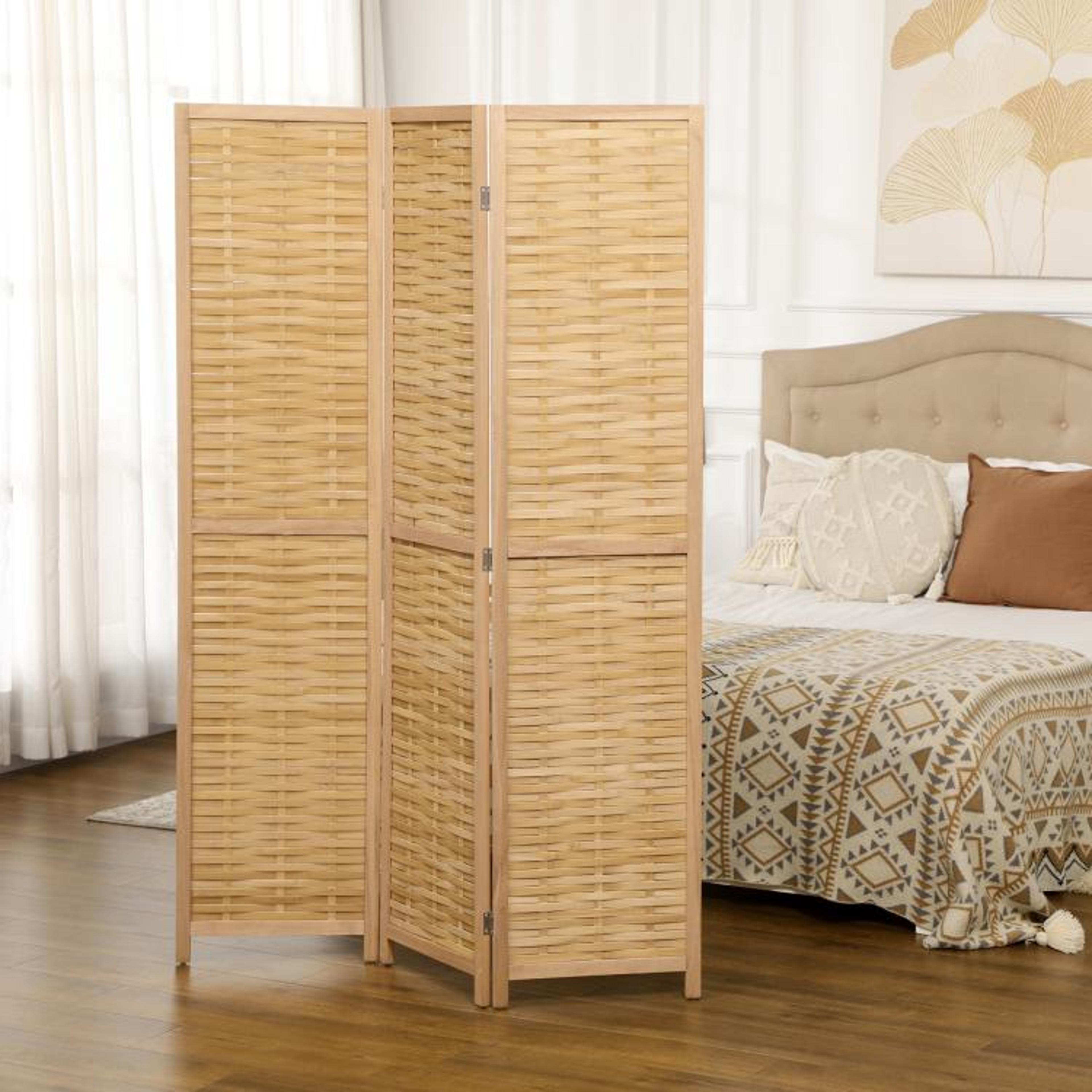 3-panel bamboo folding room divider with handwoven privacy screen