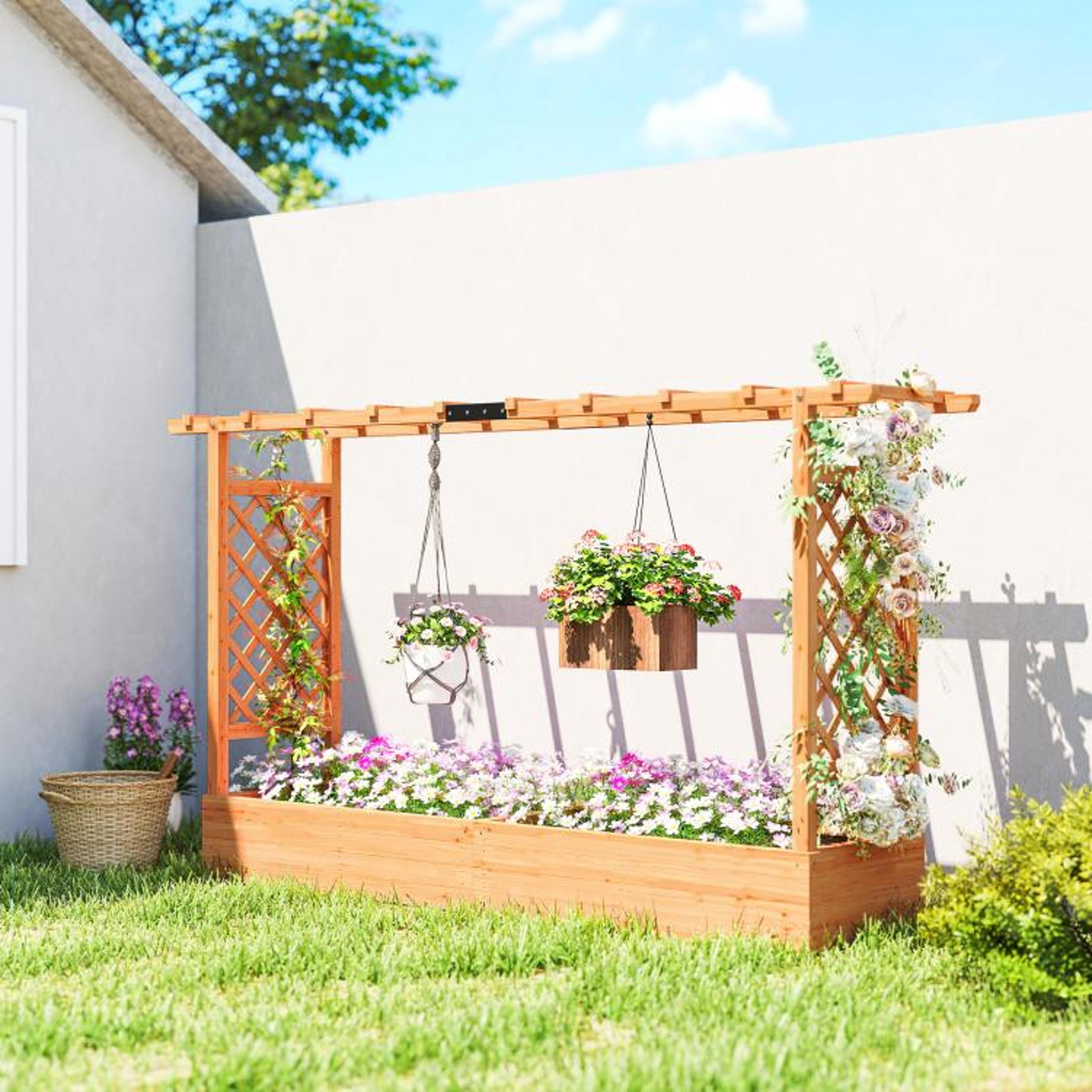 Wooden Planter Box With Arched Trellis And Drainage Holes For Climbing Plants 1