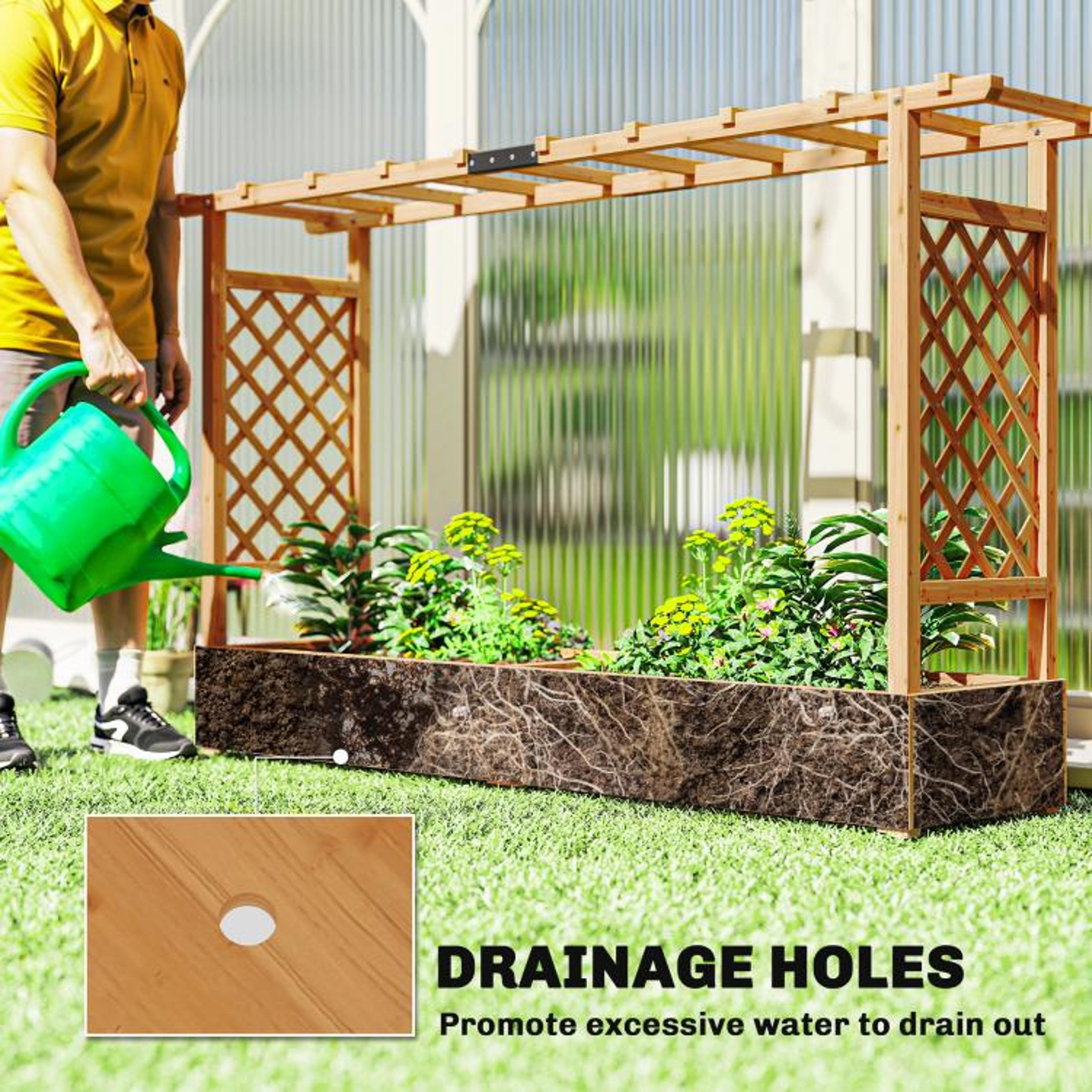 Wooden Planter Box With Arched Trellis And Drainage Holes For Climbing Plants 5