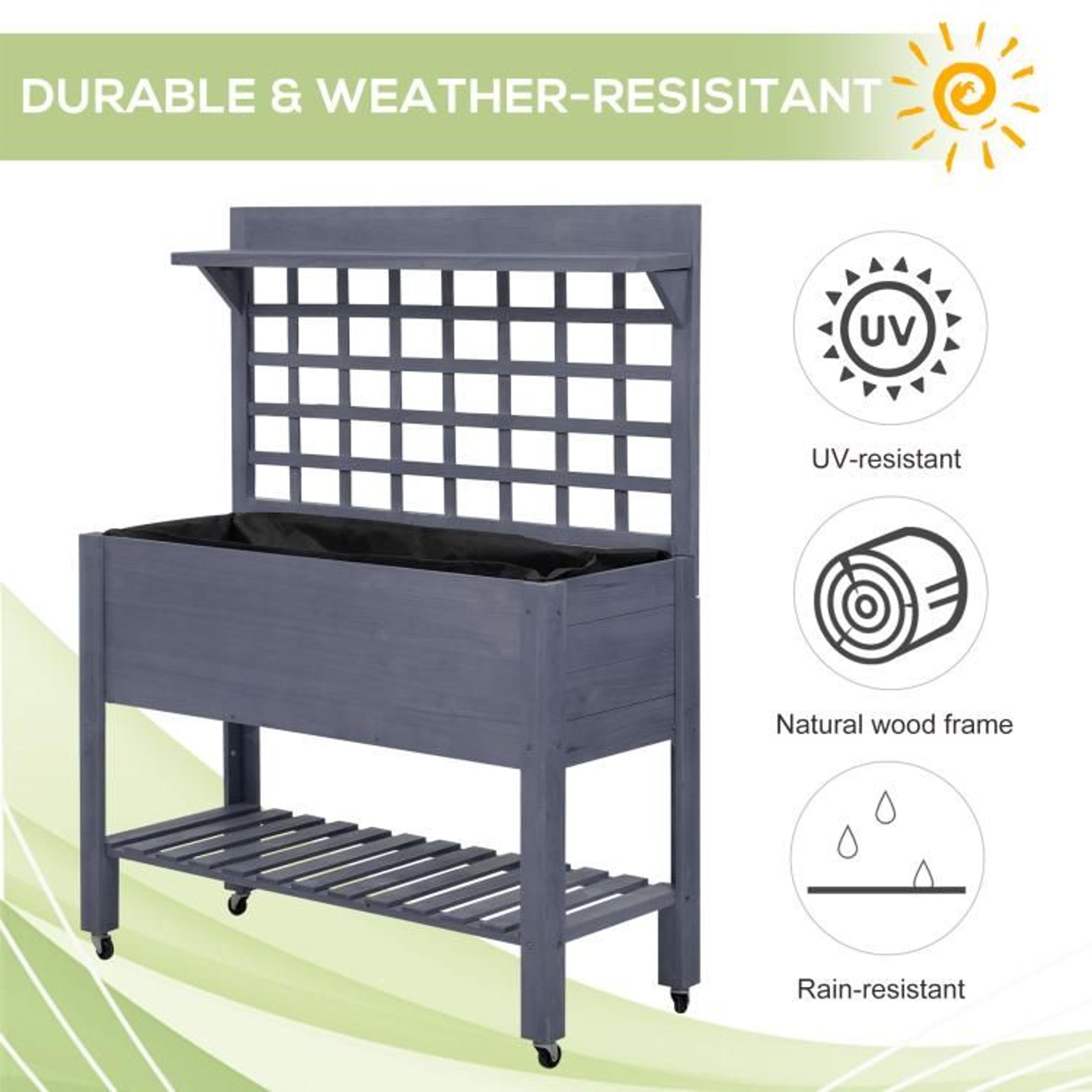 Raised Garden Bed With Wheels And Trellis  Wooden Planter Box In Gray 5